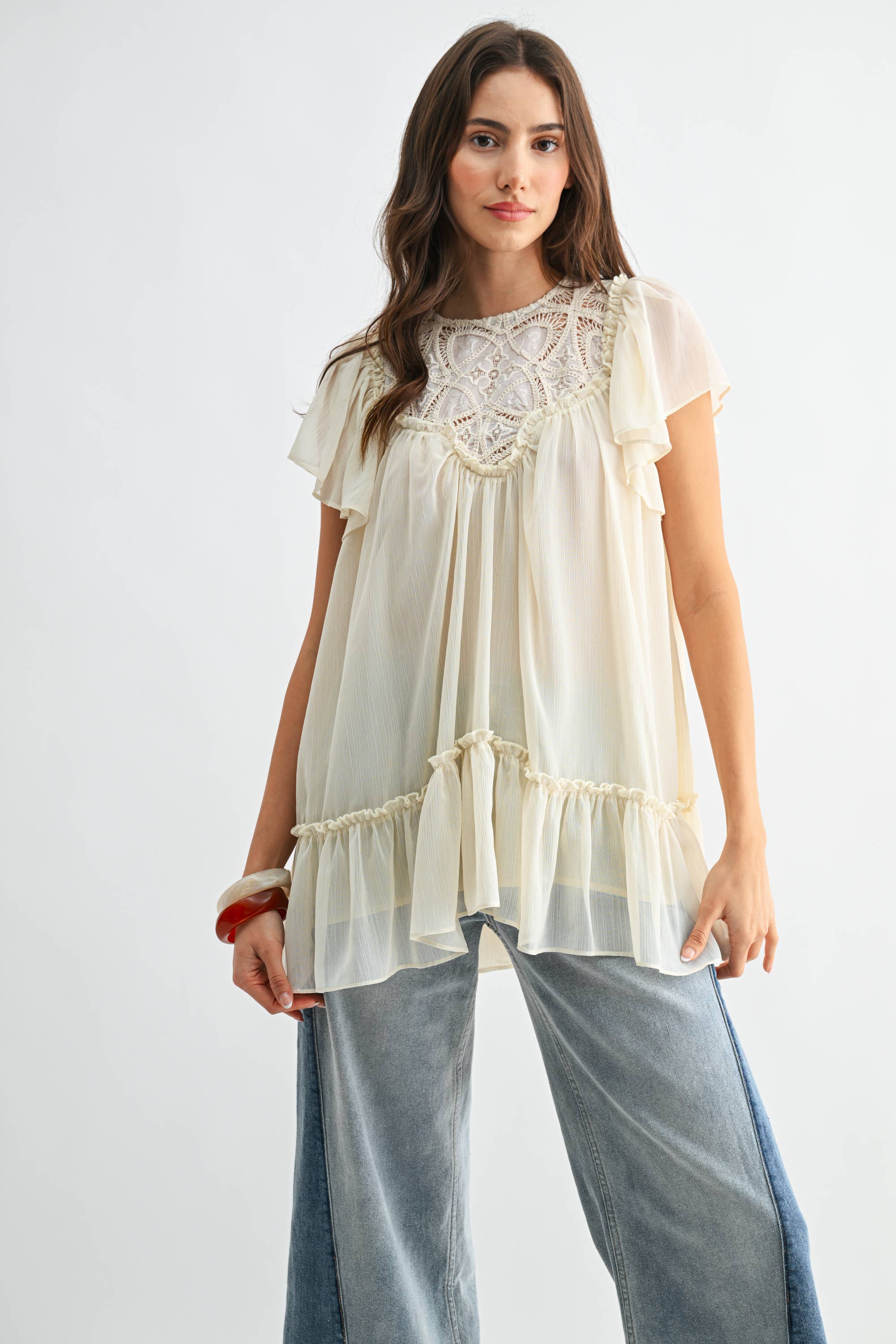 CT10179J Sheer Lace Yoke Ruffle Sleeve Blouse