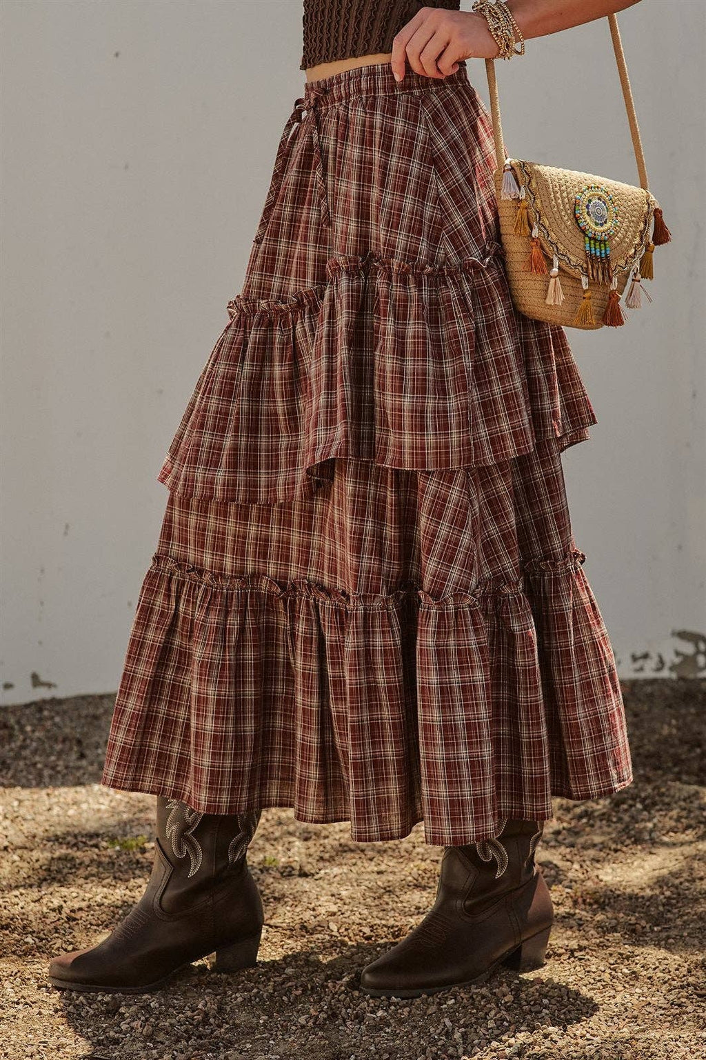 Plaid Tiered Ruffle Cotton Maxi Skirt