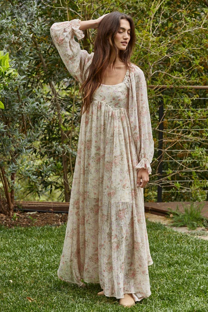 L8961 | Woven Polyester Chiffon Floral Flare Maxi Dress