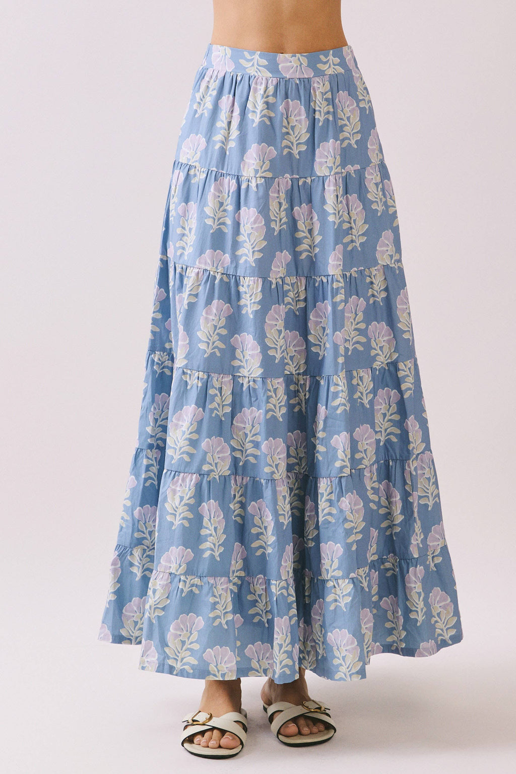 CS3891-Floral Print Multiple Tiers High Rise Maxi Skirt