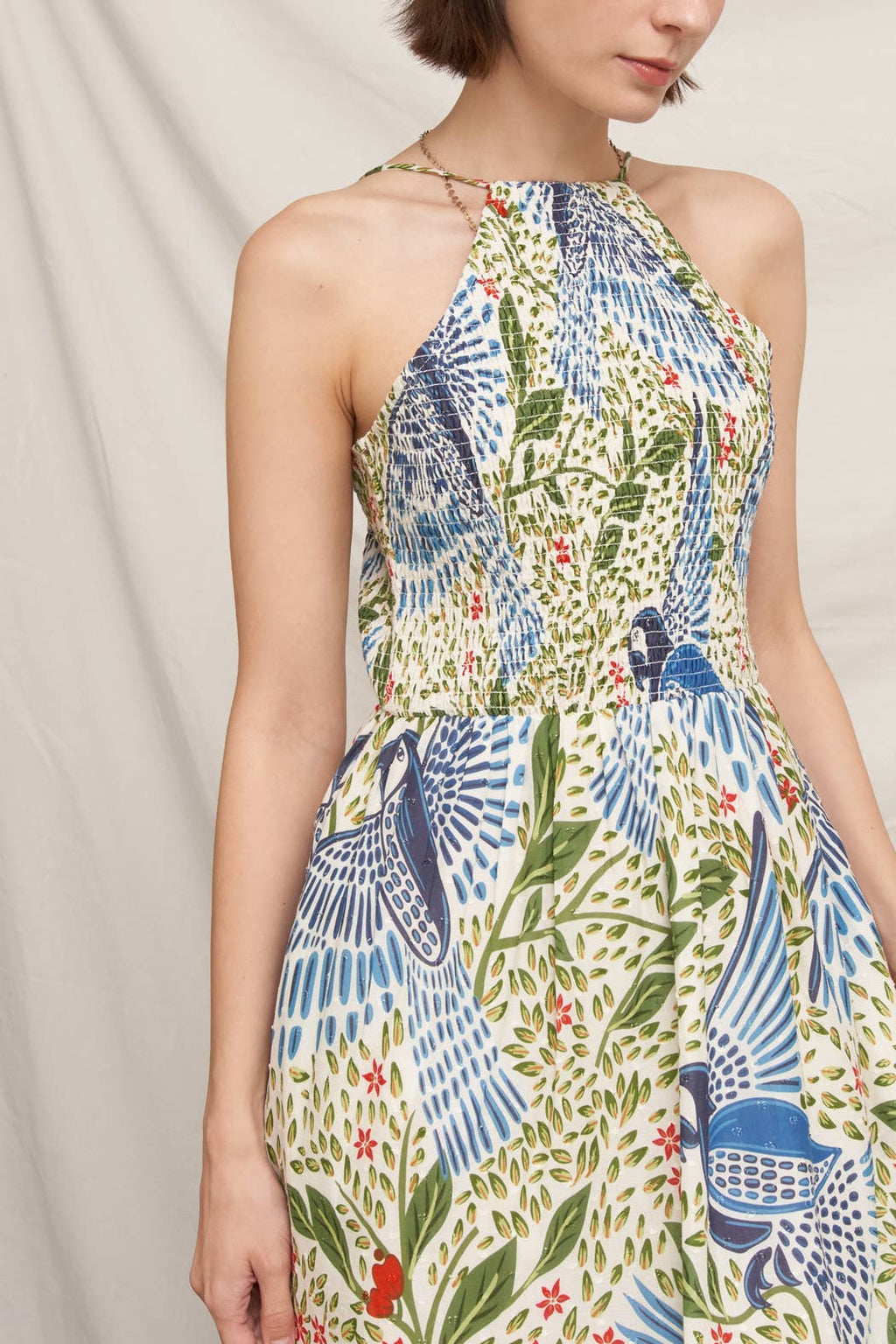 Printed Halter Neck Smocked Maxi Dress