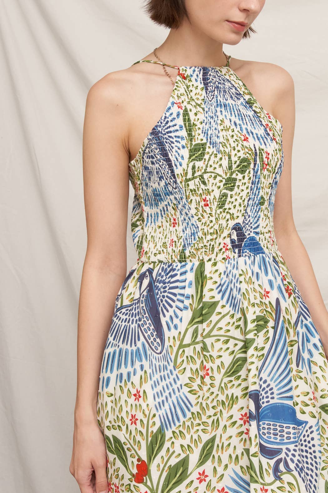 Printed Halter Neck Smocked Maxi Dress