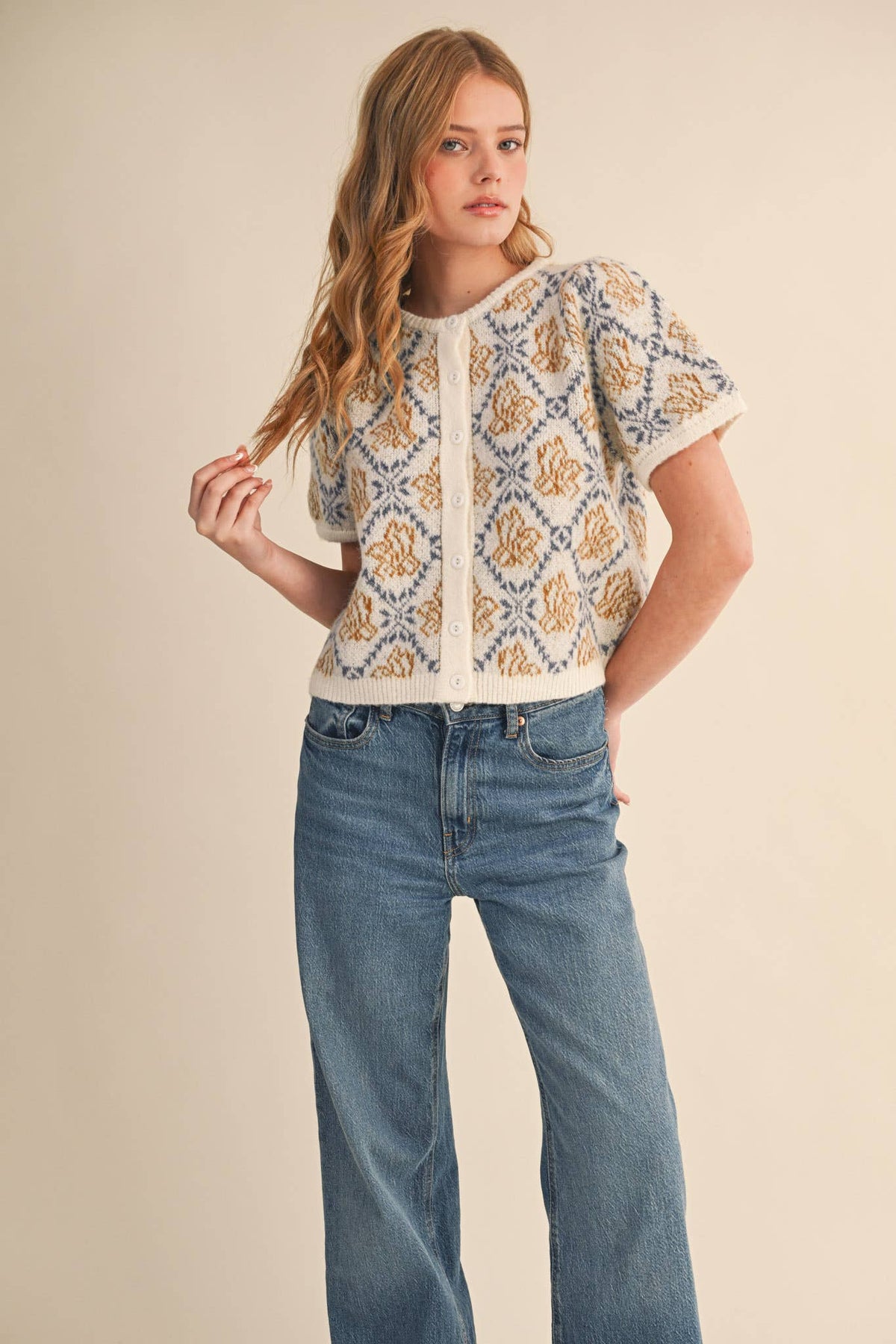 FLORAL SHORT SLEEVE SWEATER CARDIGAN MSW11258
