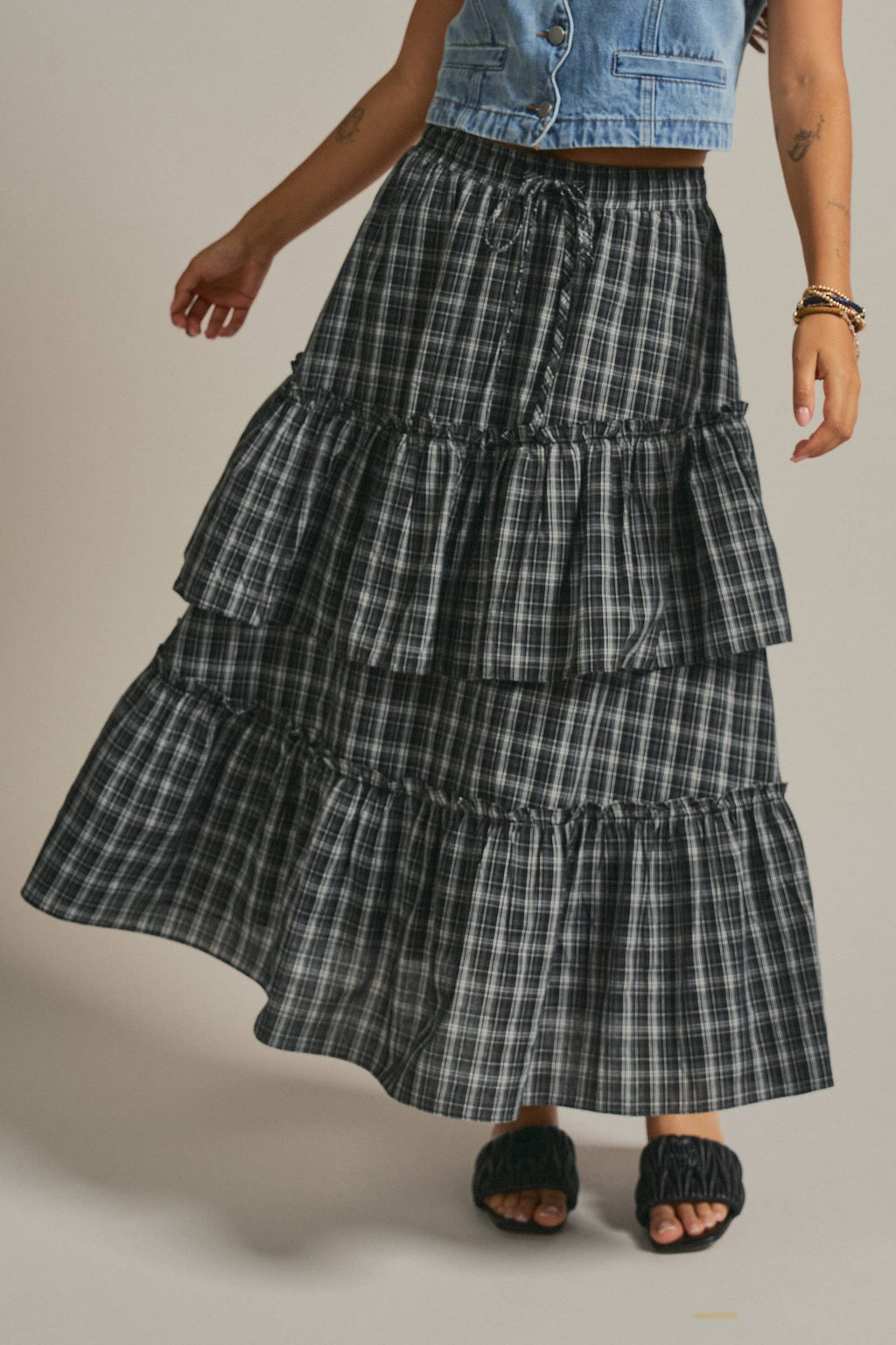 Plaid Tiered Ruffle Cotton Maxi Skirt