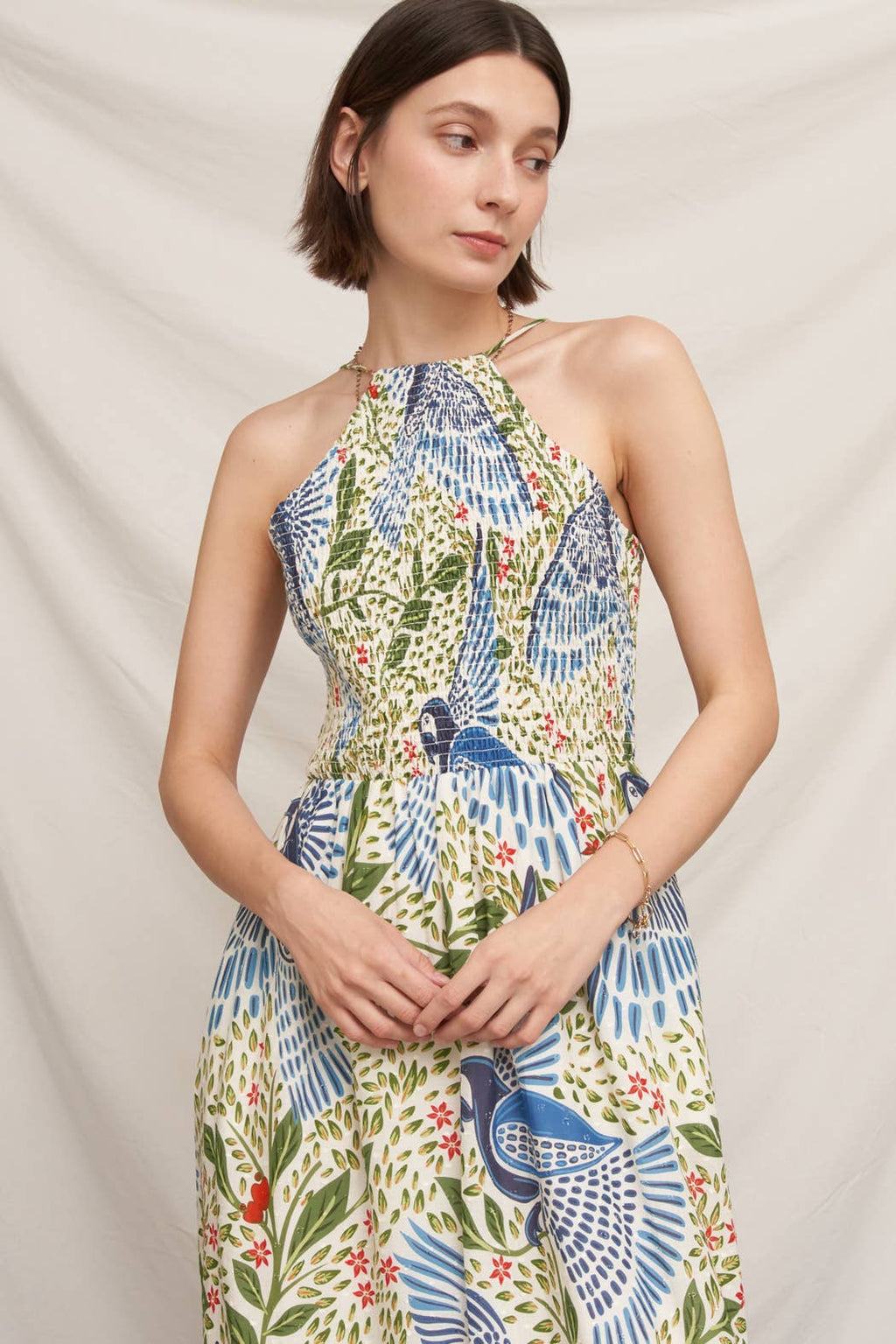 Printed Halter Neck Smocked Maxi Dress