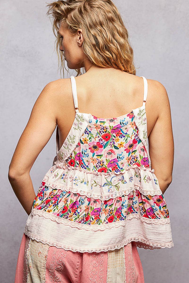 A-body Flared Fit Double Gauze Floral Embroidery Sleeveless