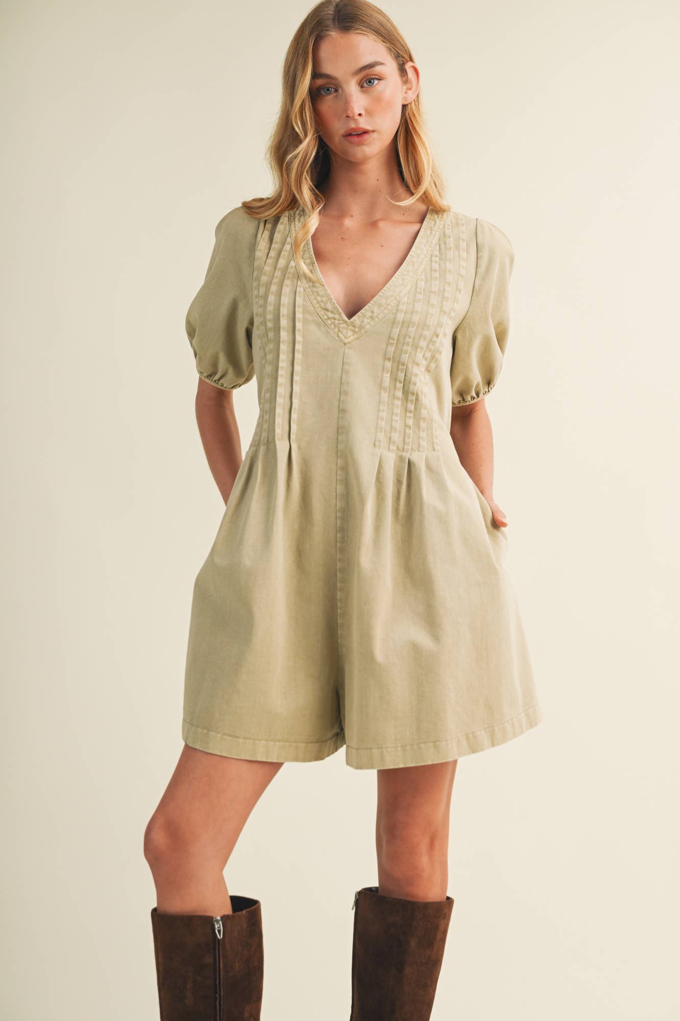 Pintuck V-Neck Puff Sleeve Romper
