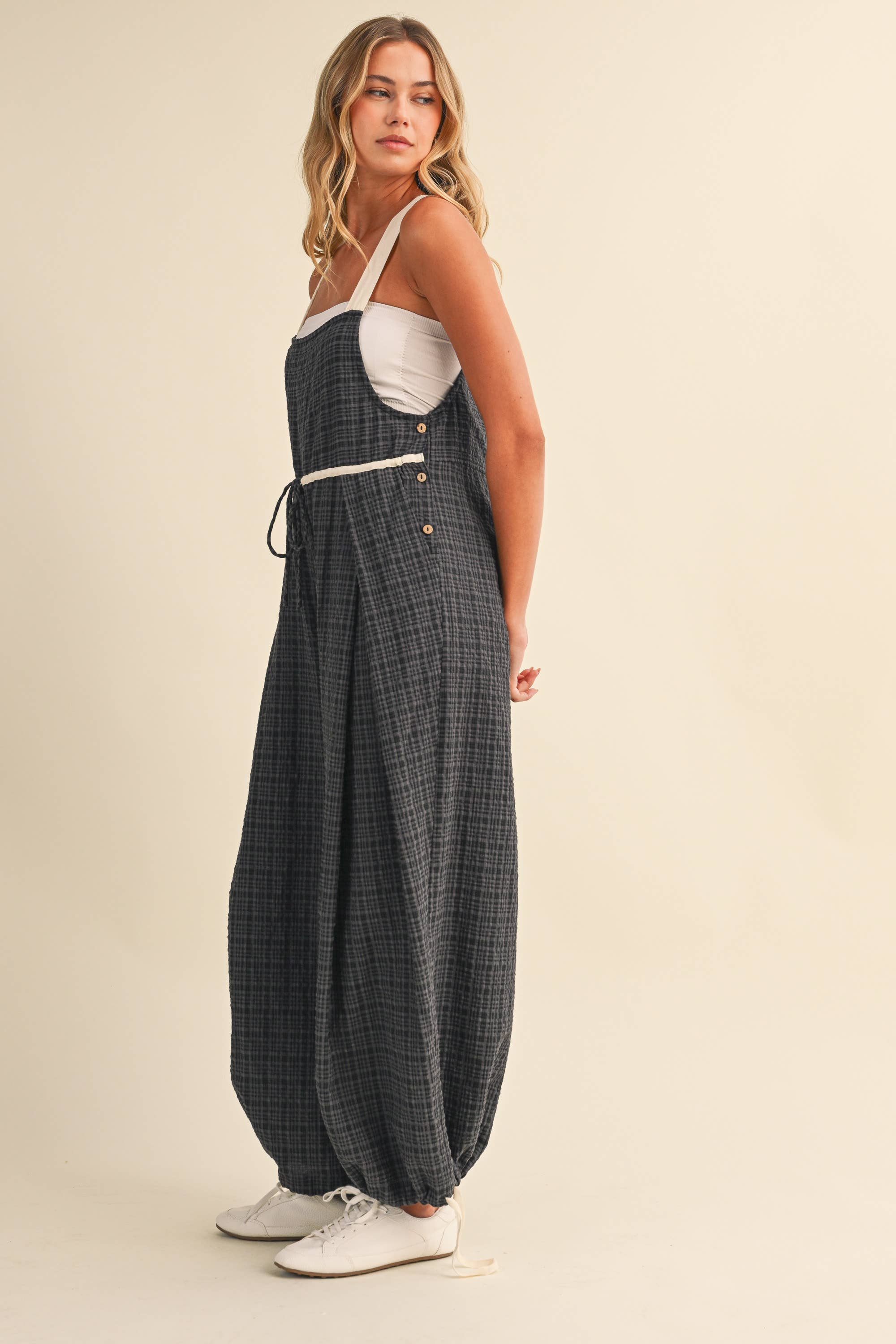 IJP3433 DRAWCORD WAISTLINE PLAID OVERALLS WITH ADJUSTABLE AN
