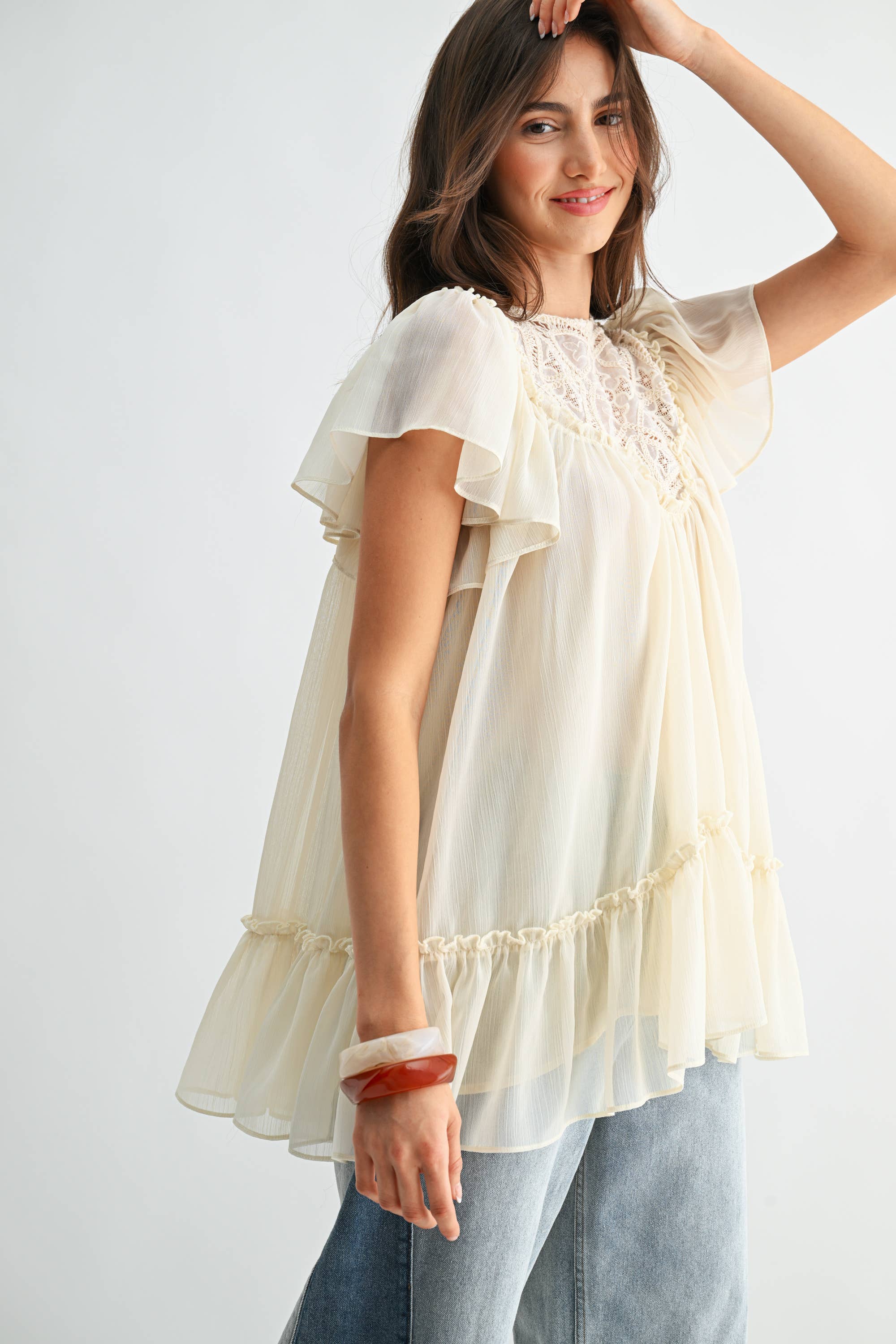CT10179J Sheer Lace Yoke Ruffle Sleeve Blouse