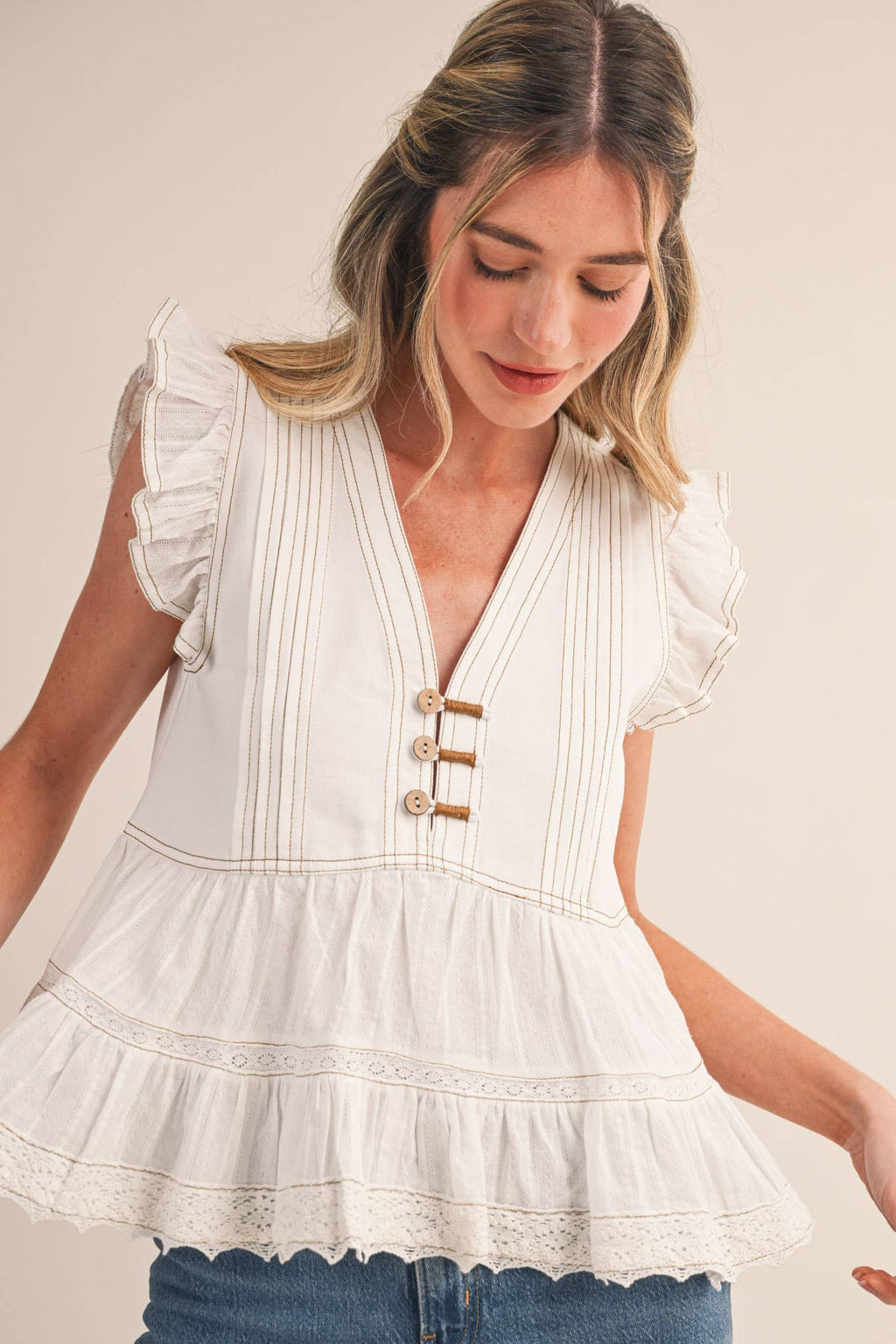 MIXED MEDIA CONTRAST STITCH LACE TRIM TOP MTP4599