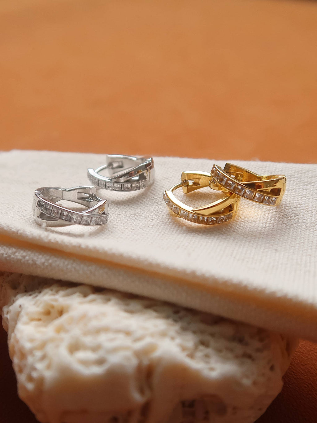 Maissac 18K Gold Non-Tarnish CZ Crossover Huggie Earrings