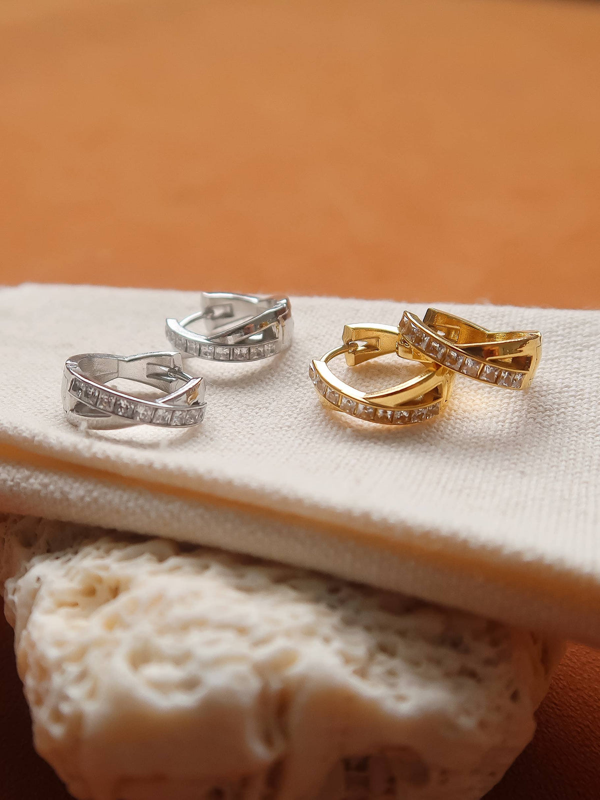 Maissac 18K Gold Non-Tarnish CZ Crossover Huggie Earrings