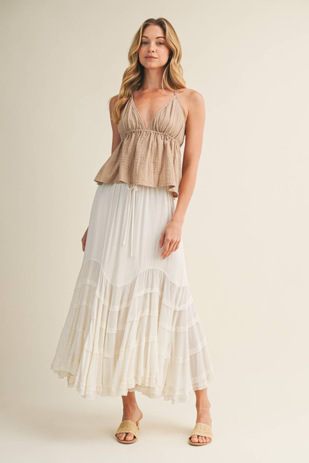 Cascading Tiers Lace Trim Maxi Skirt