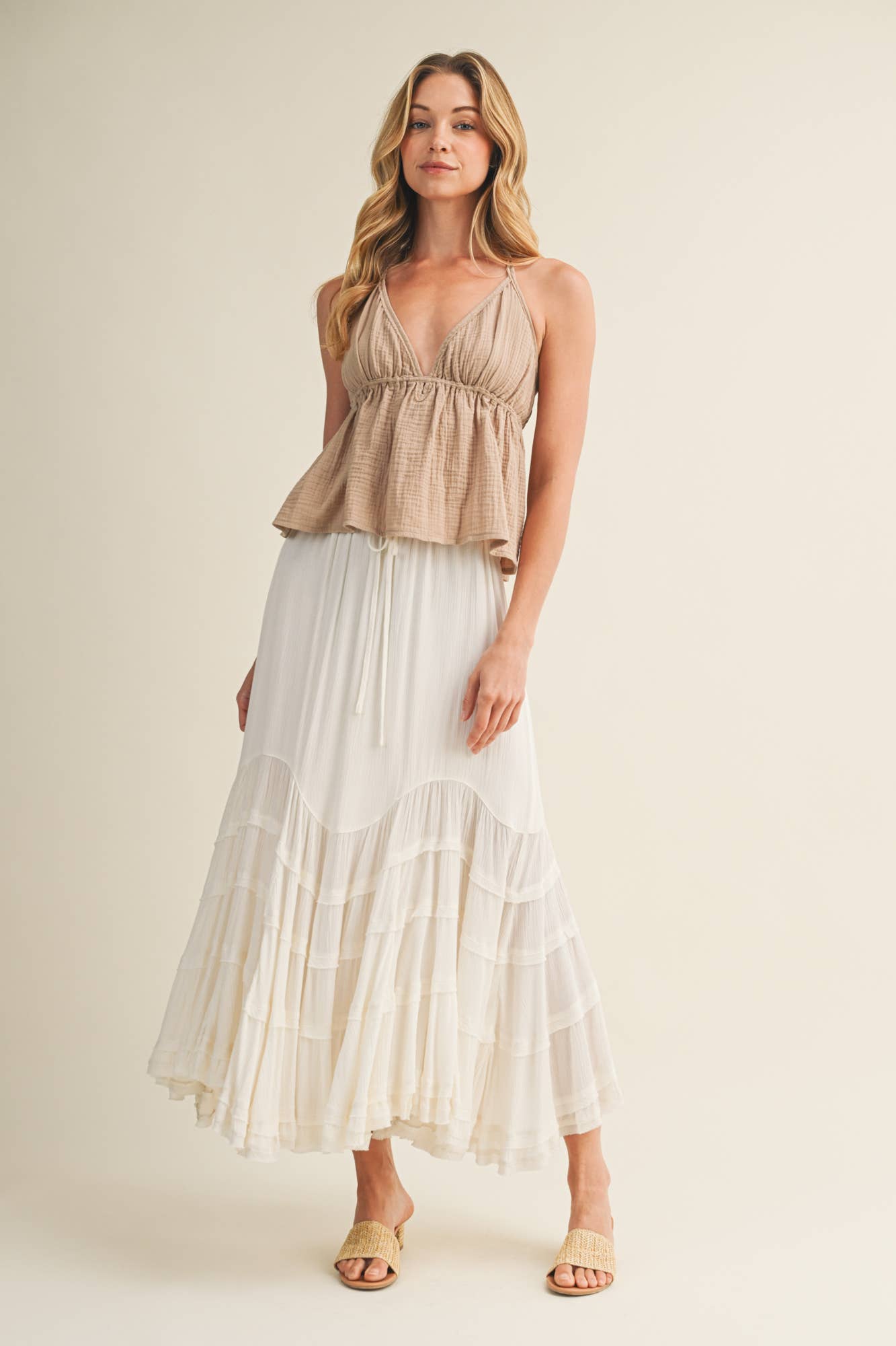 Cascading Tiers Lace Trim Maxi Skirt