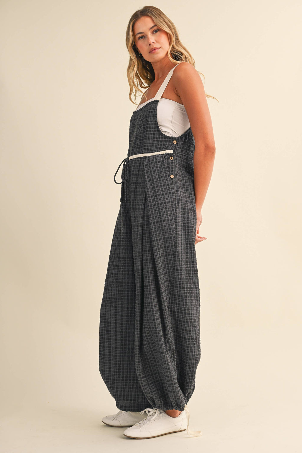 IJP3433 DRAWCORD WAISTLINE PLAID OVERALLS WITH ADJUSTABLE AN