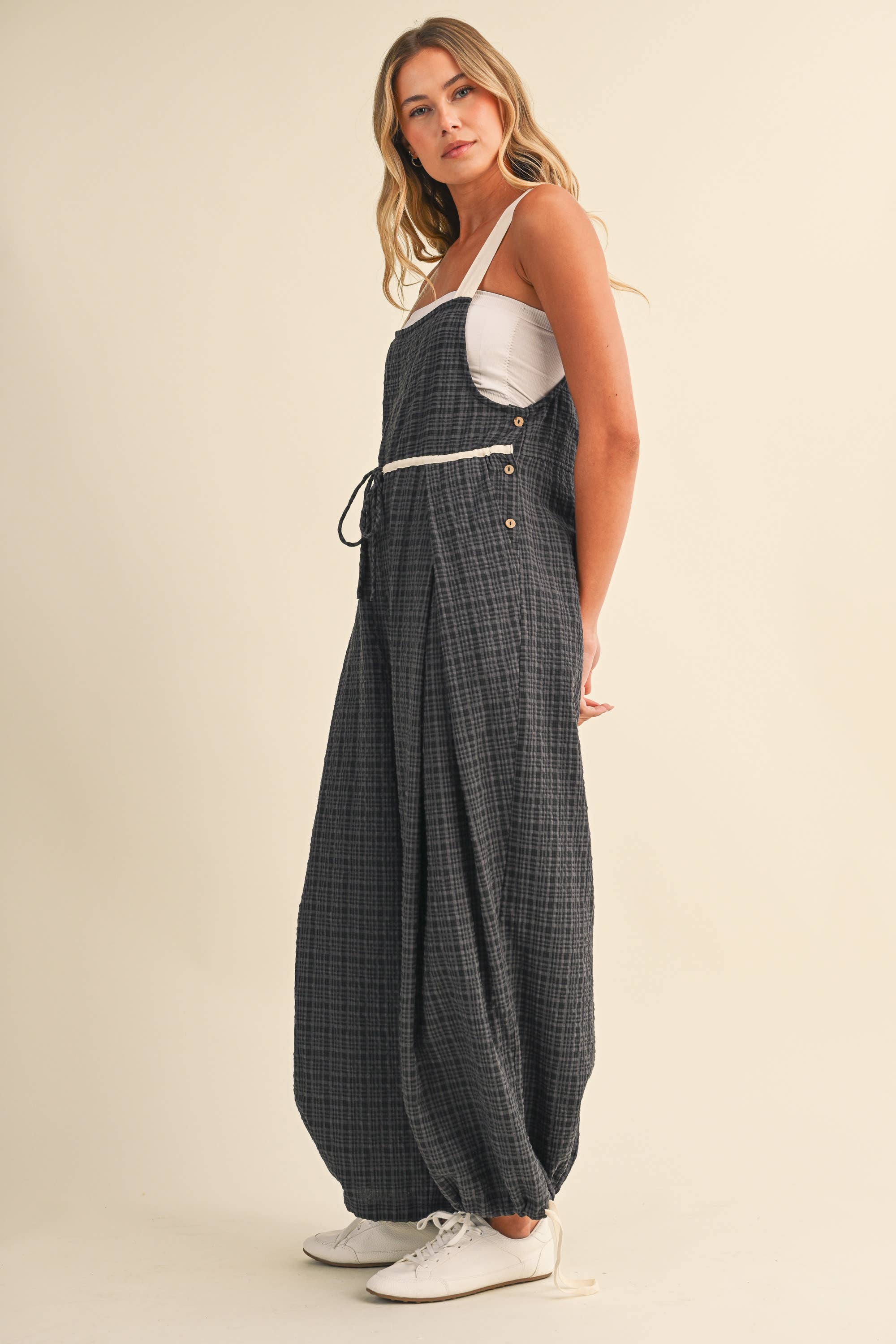 IJP3433 DRAWCORD WAISTLINE PLAID OVERALLS WITH ADJUSTABLE AN
