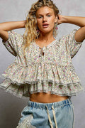 Ruffle Detail Neck Loop Floral Balloon Sleeve Woven Top