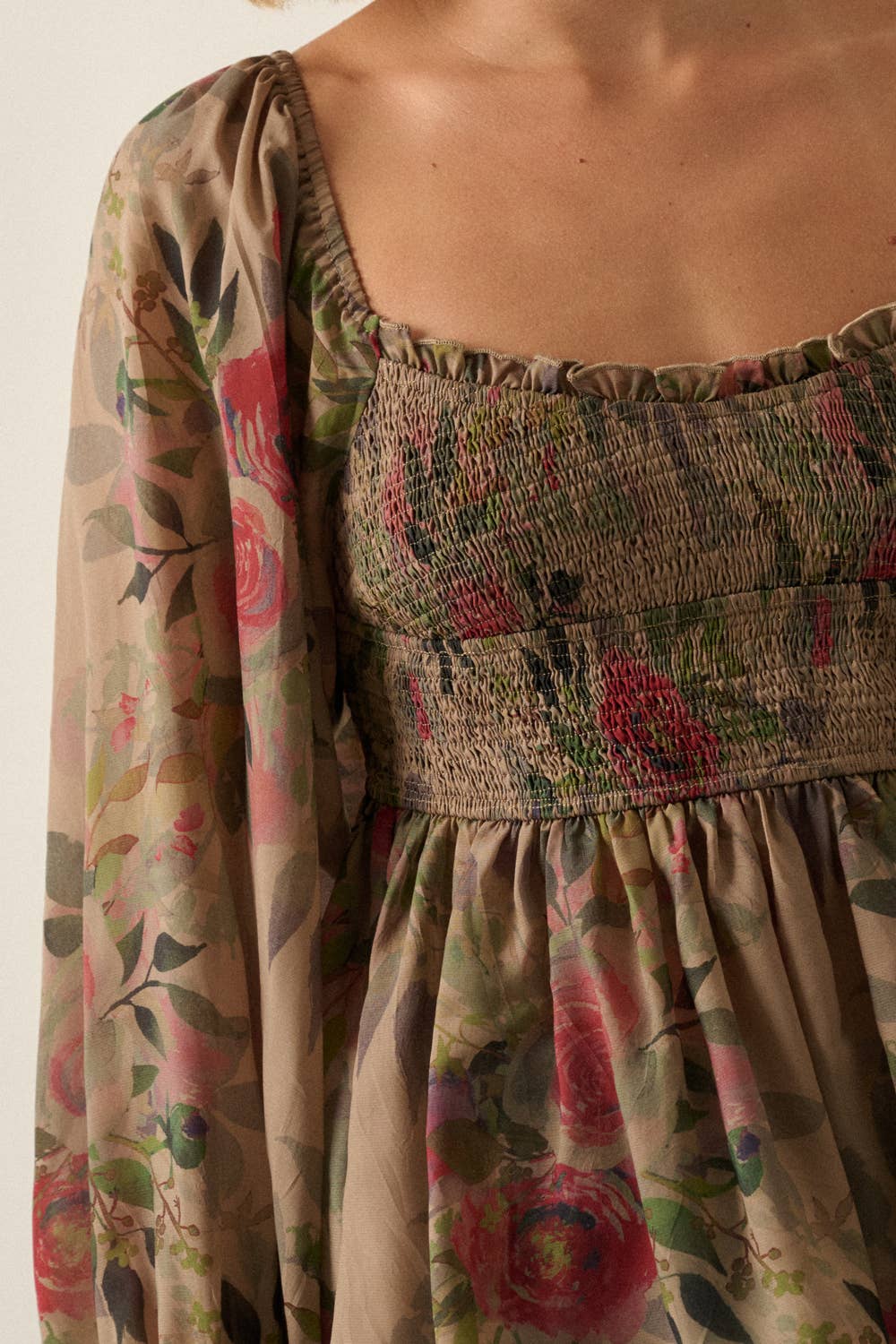 Floral-Print Smocked Sweetheart Peplum Peasant Top