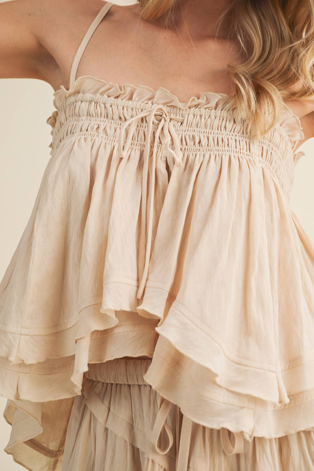 Smocked Bust Asymmetric Tiered Top