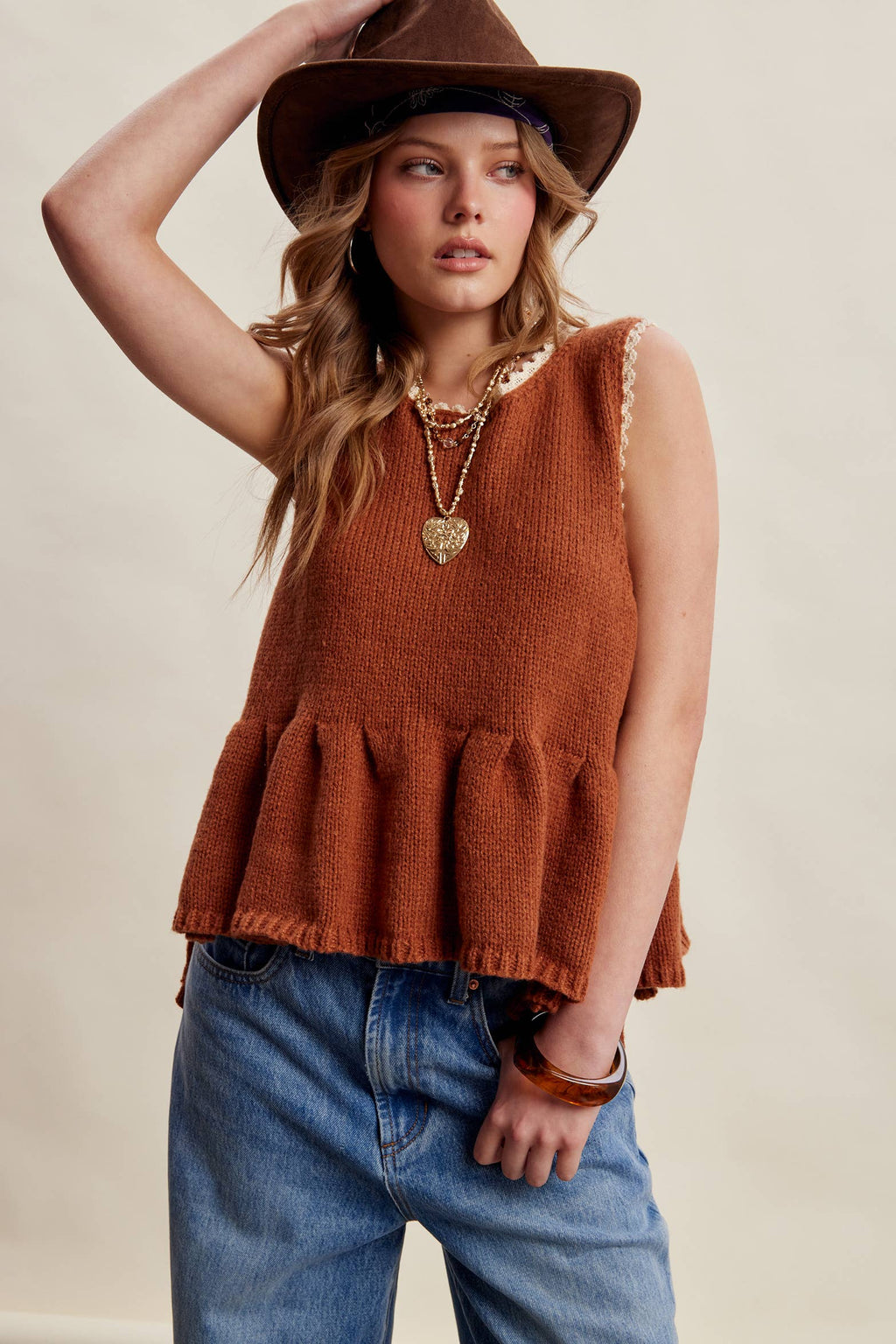 Lace Trim Side Tie Knit Peplum Top LSW1058