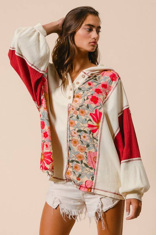 Knit And Print Mixed Hoodie Top