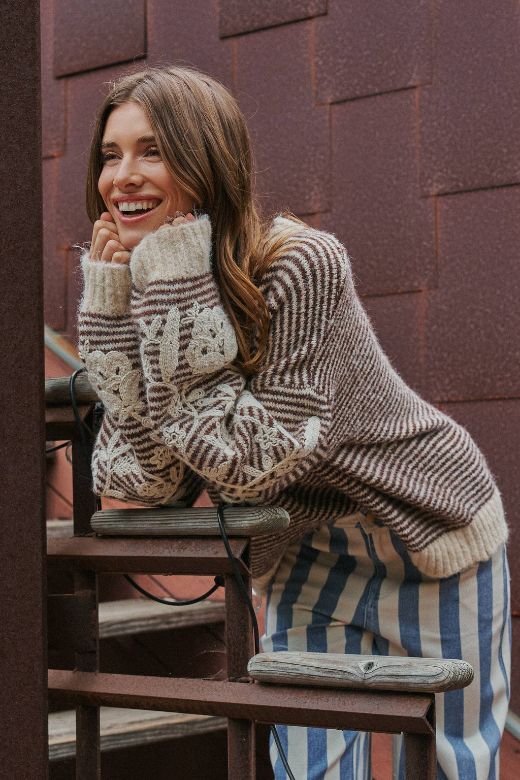 Floral Embroidered Striped Knit Sweater