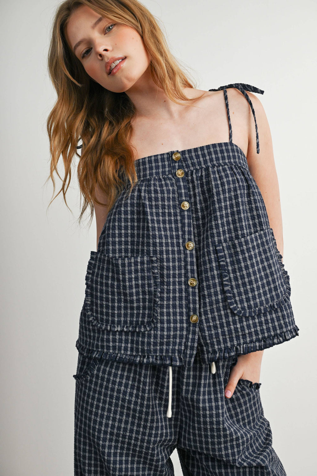 Plaid Tie Shoulder Tank Top-BMT8424