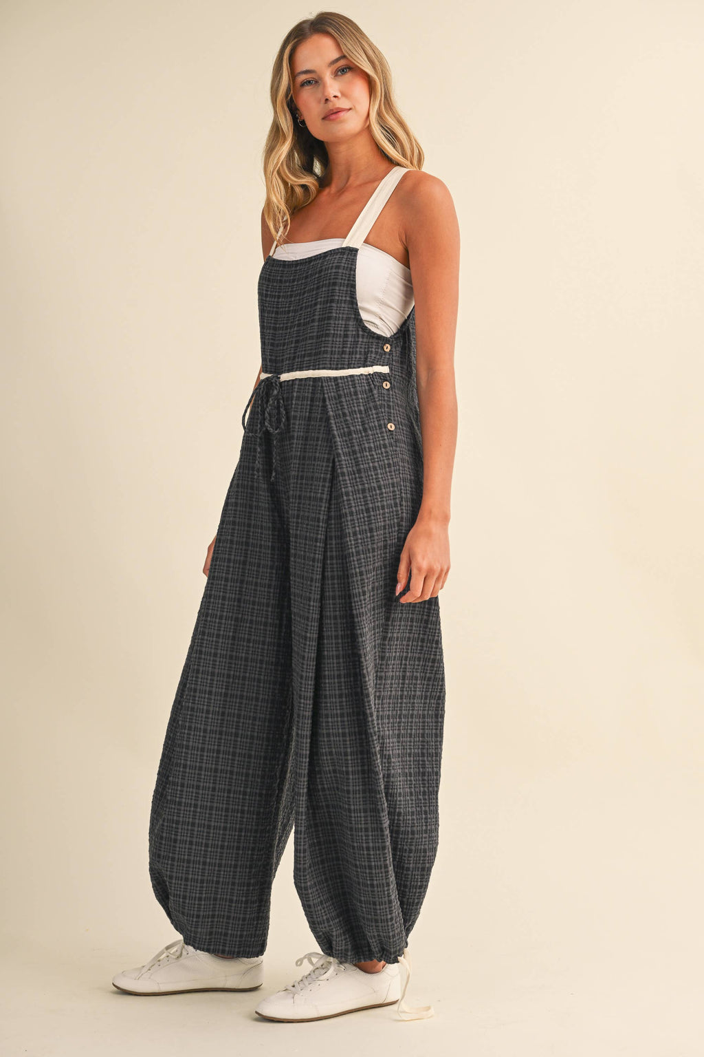 IJP3433 DRAWCORD WAISTLINE PLAID OVERALLS WITH ADJUSTABLE AN