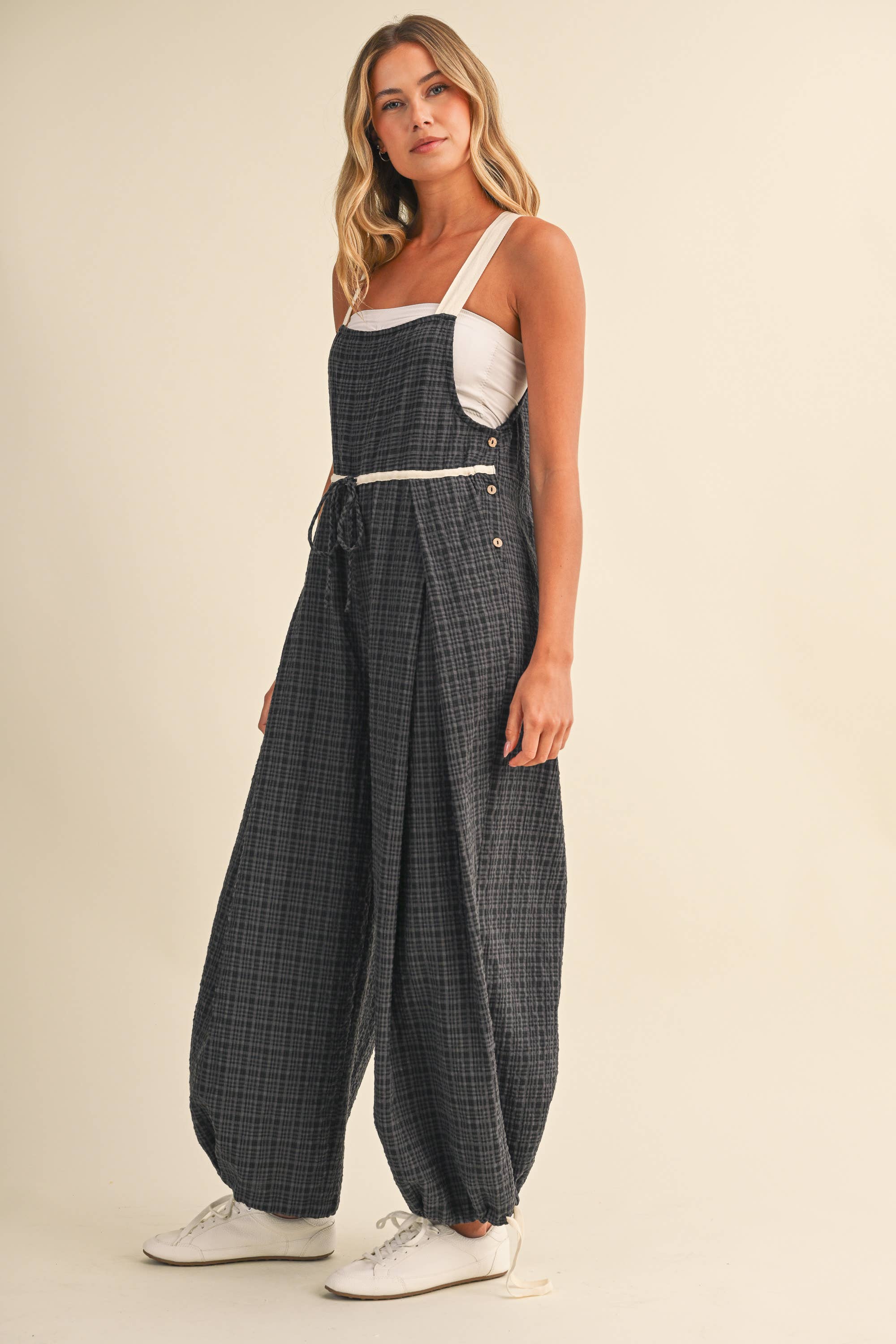 IJP3433 DRAWCORD WAISTLINE PLAID OVERALLS WITH ADJUSTABLE AN