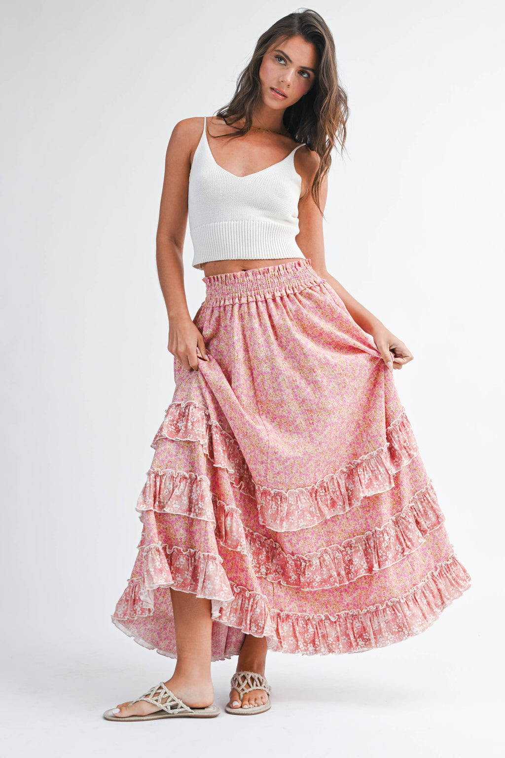 7150HK Floral Ruffle Maxi Skirt