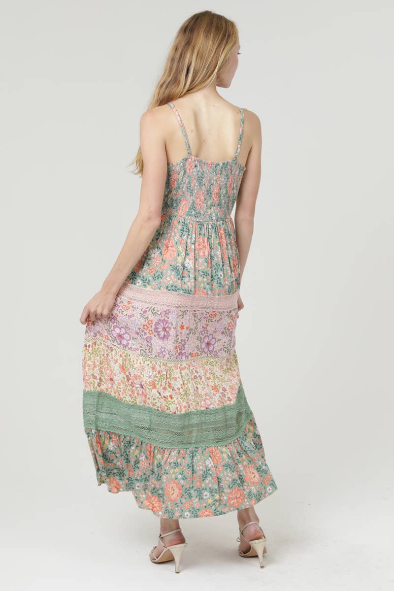 C4D77-WA34 MIXED PRINT LACE TRIM TWIST FRONT MAXI DRESS
