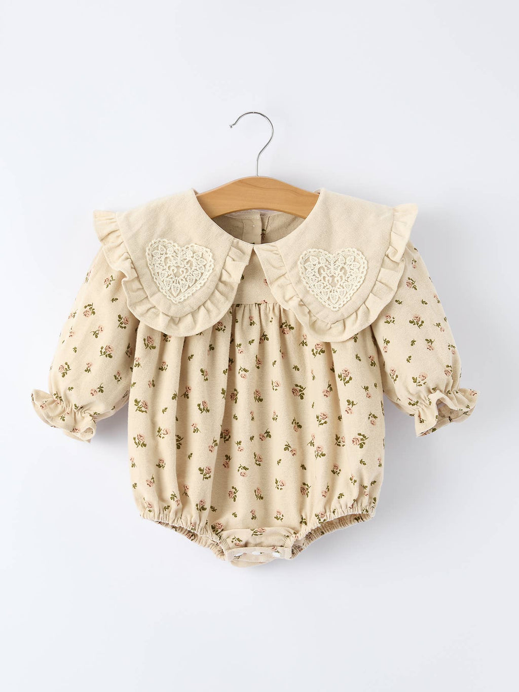 Baby Girl Long Sleeve Apricot Floral Romper with Heart Collar