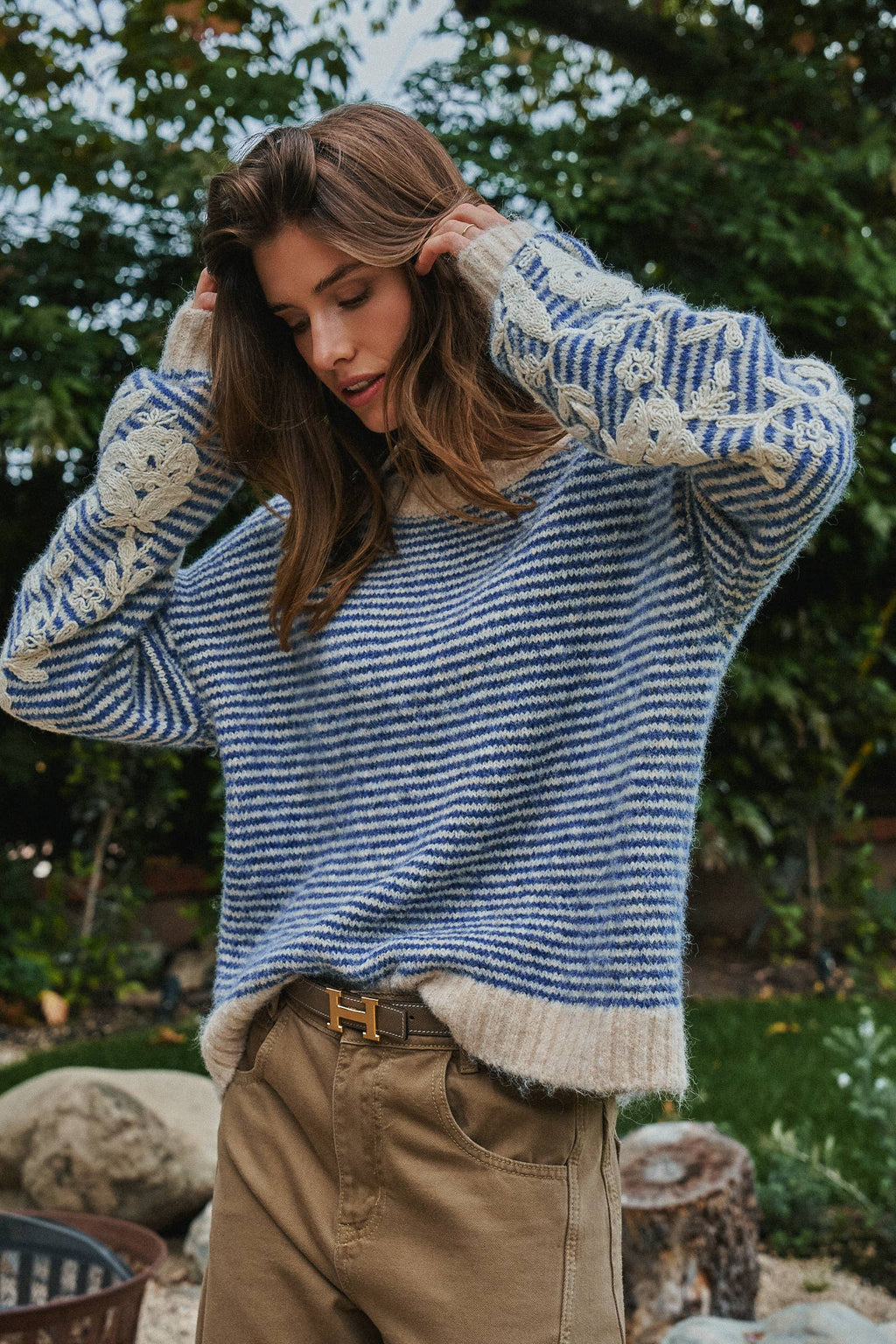 Floral Embroidered Striped Knit Sweater