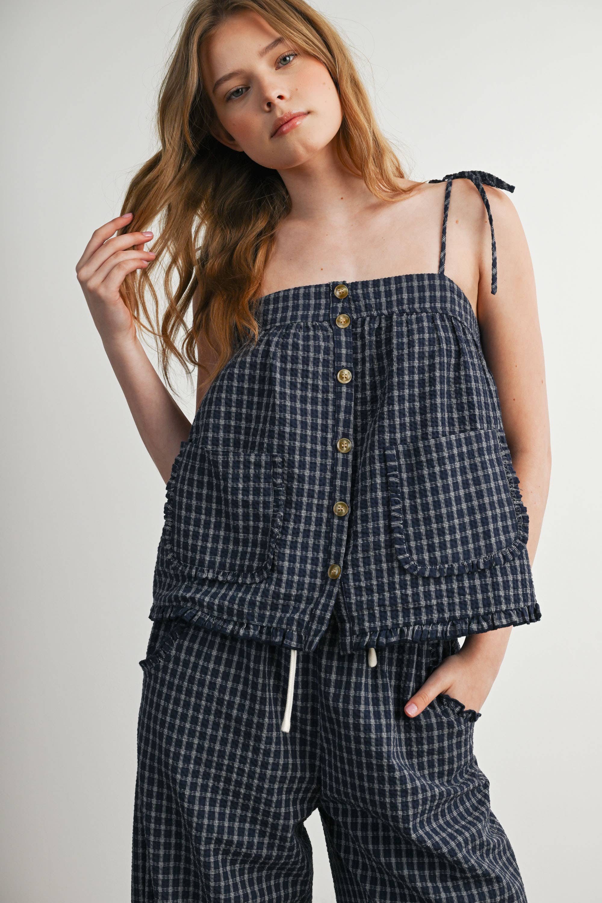 Plaid Tie Shoulder Tank Top-BMT8424