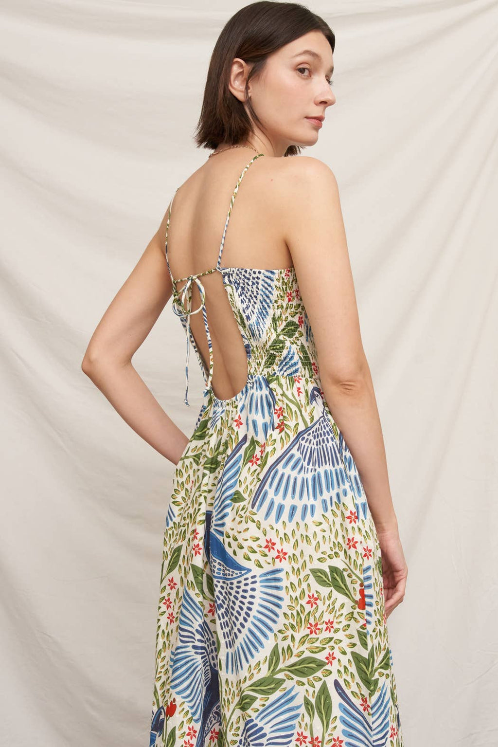 Printed Halter Neck Smocked Maxi Dress
