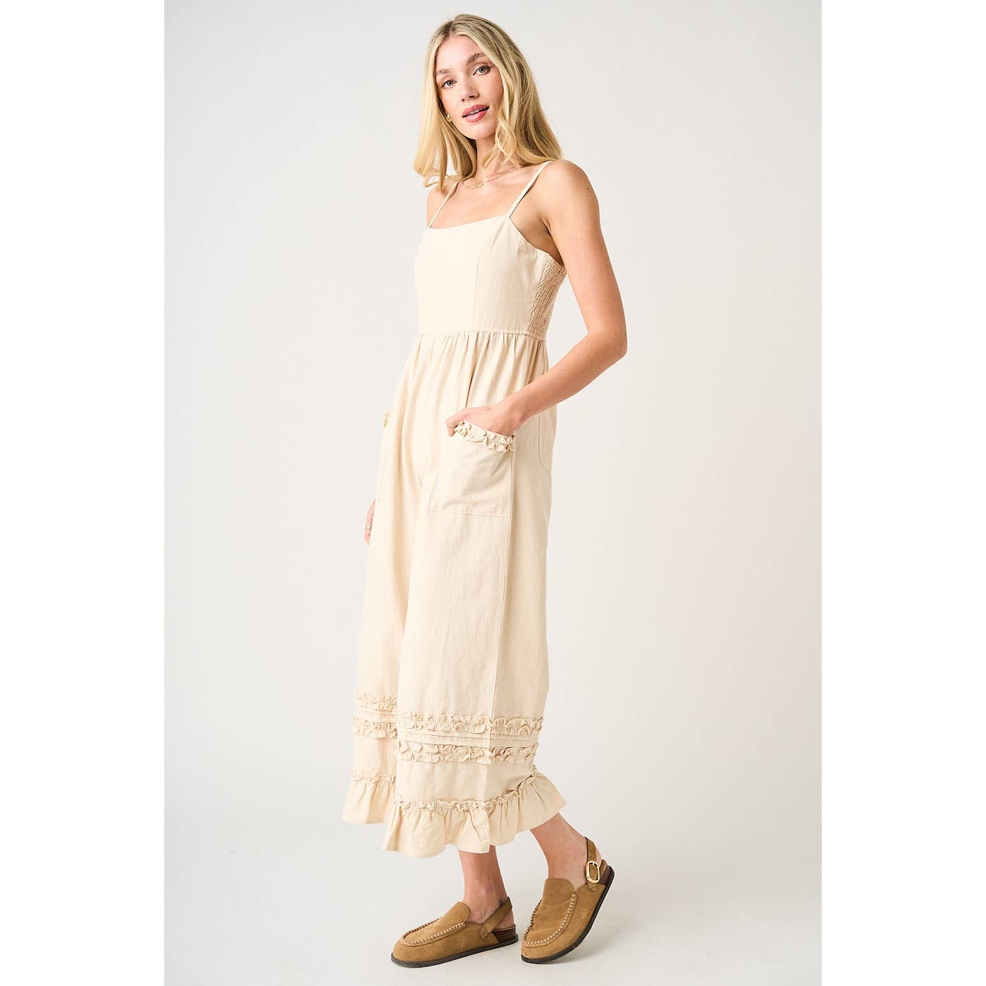 RUFFLE HEM WIDE LEG SLEEVELESS JUMPSUIT