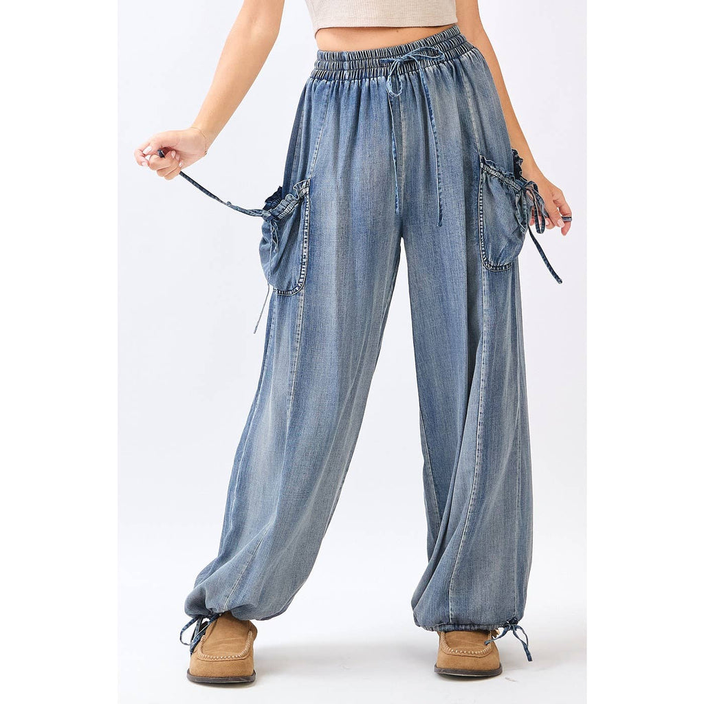 WASHED CHAMBRAY ADJUSTABLE ANKLE DROP POCKET PANTS