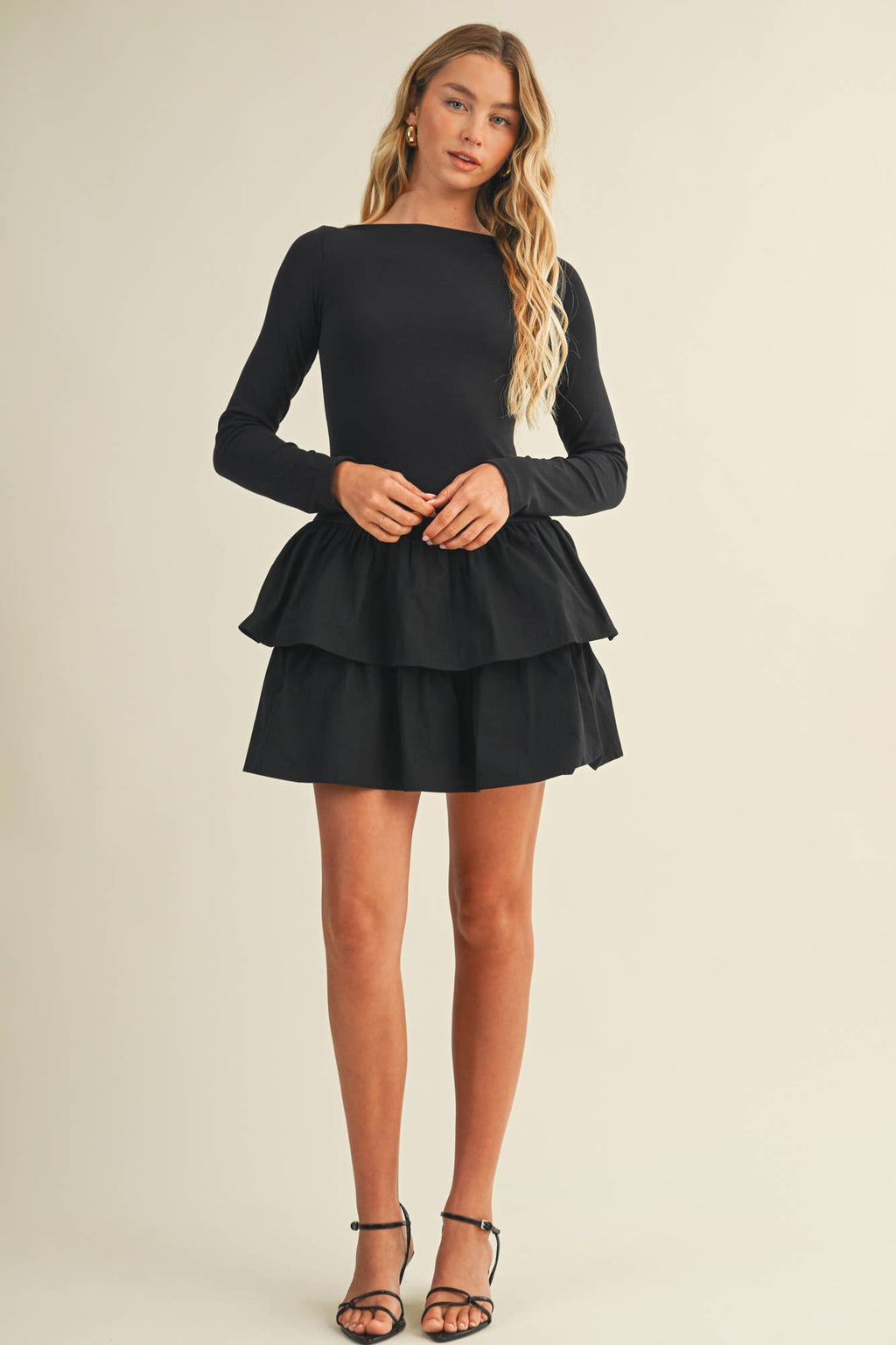 BOAT NECK TIERED RUFFLE DRESS
