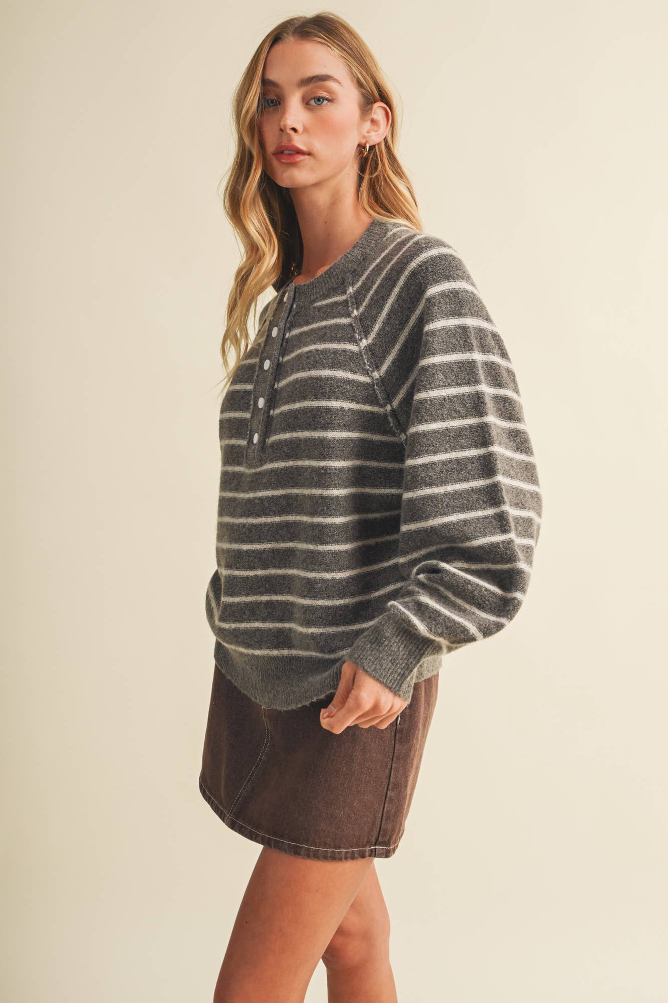 Button-Placket Stripe Knit Pullover