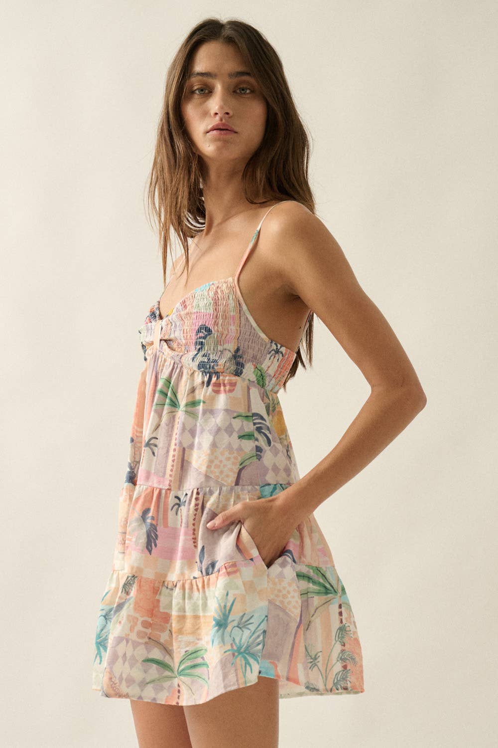 Tropical-Print Smocked Sweetheart Tiered Babydoll Romper