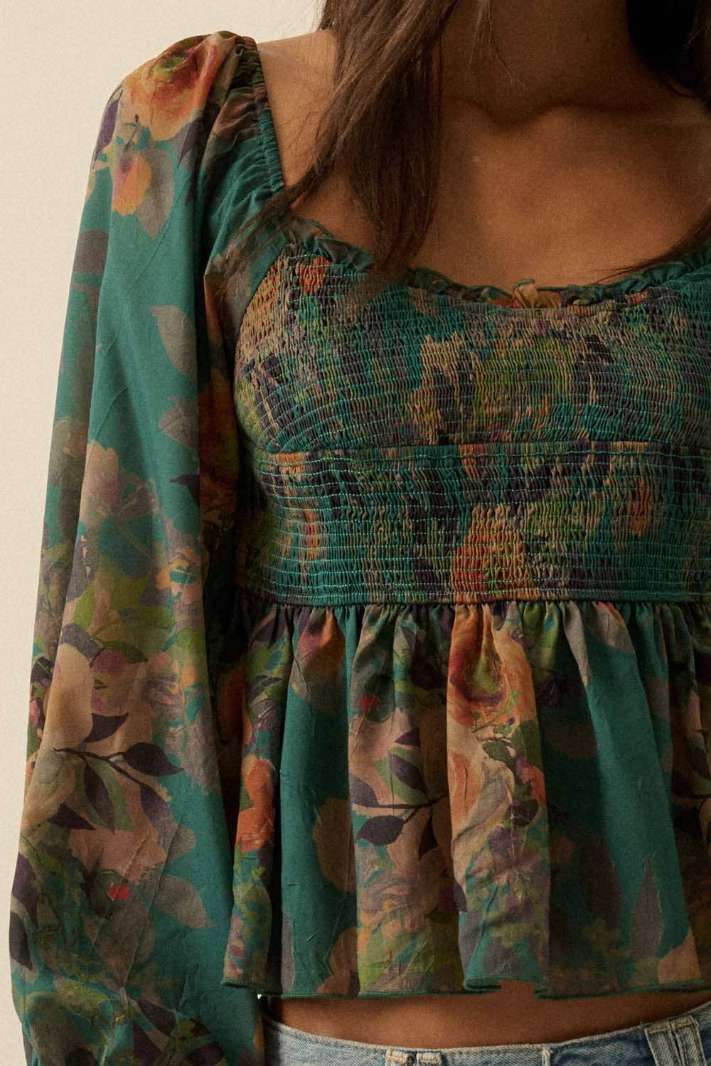 Floral-Print Smocked Sweetheart Peplum Peasant Top