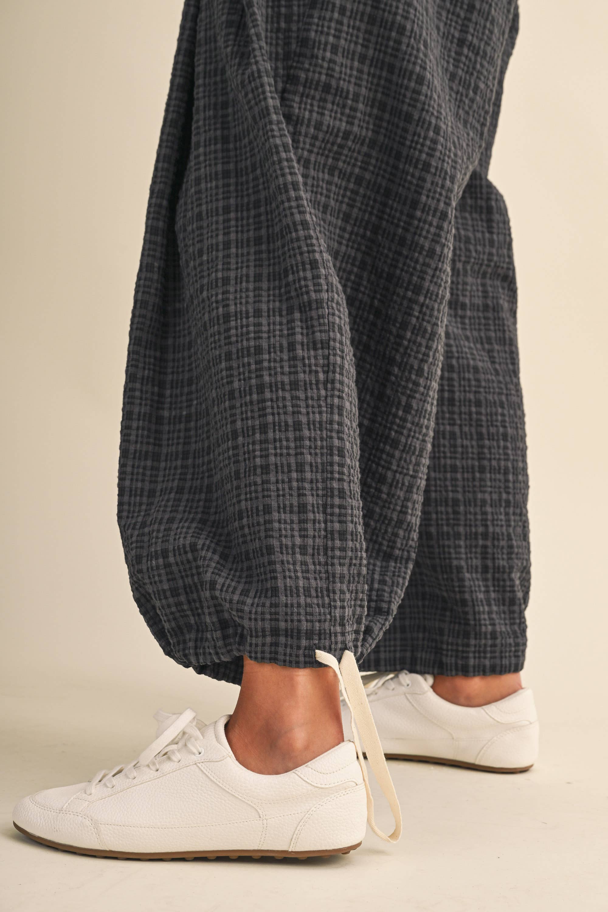 IJP3433 DRAWCORD WAISTLINE PLAID OVERALLS WITH ADJUSTABLE AN