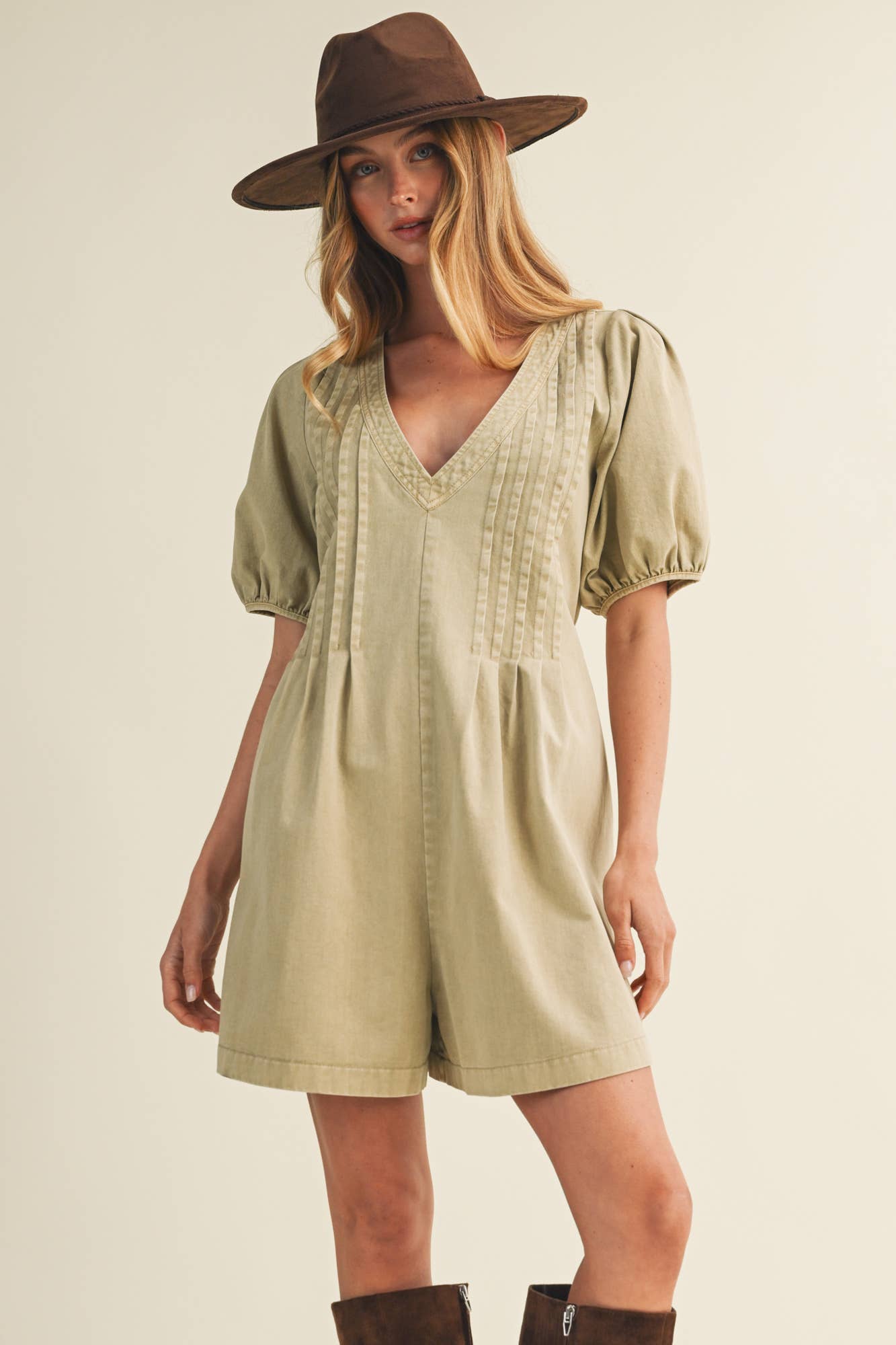 Pintuck V-Neck Puff Sleeve Romper