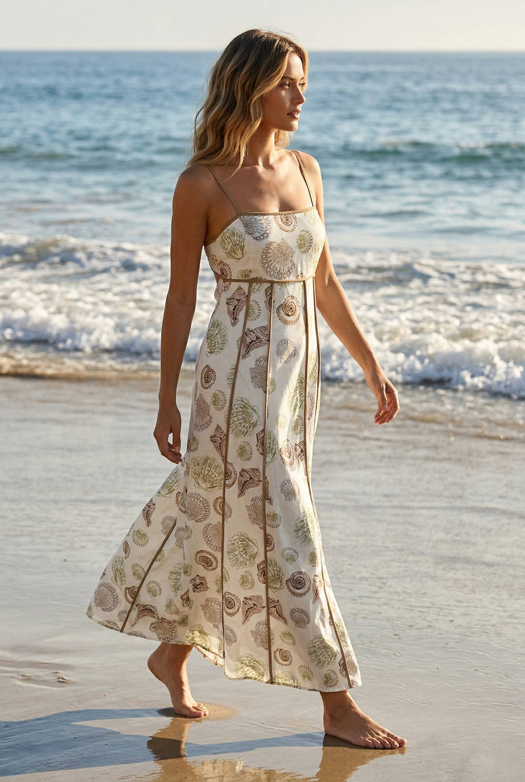 Fit and flare maxi dress made with seashell-print fabric