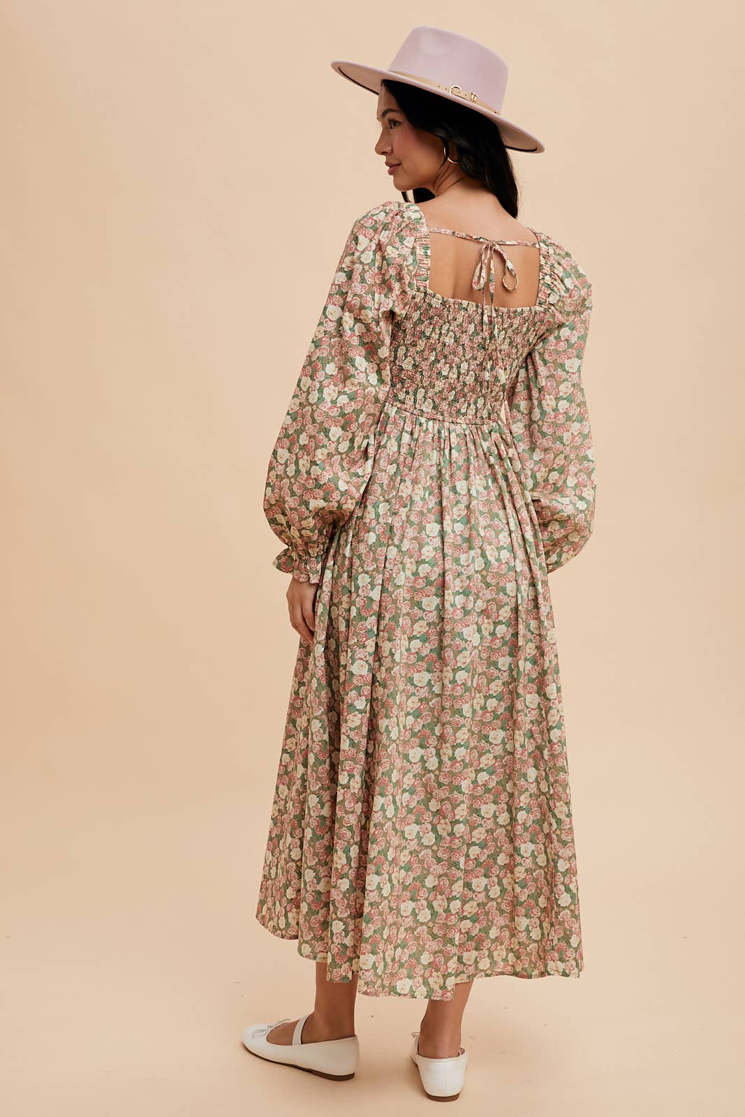 COTTON FLORAL SQUARE NECK MAXI DRESS