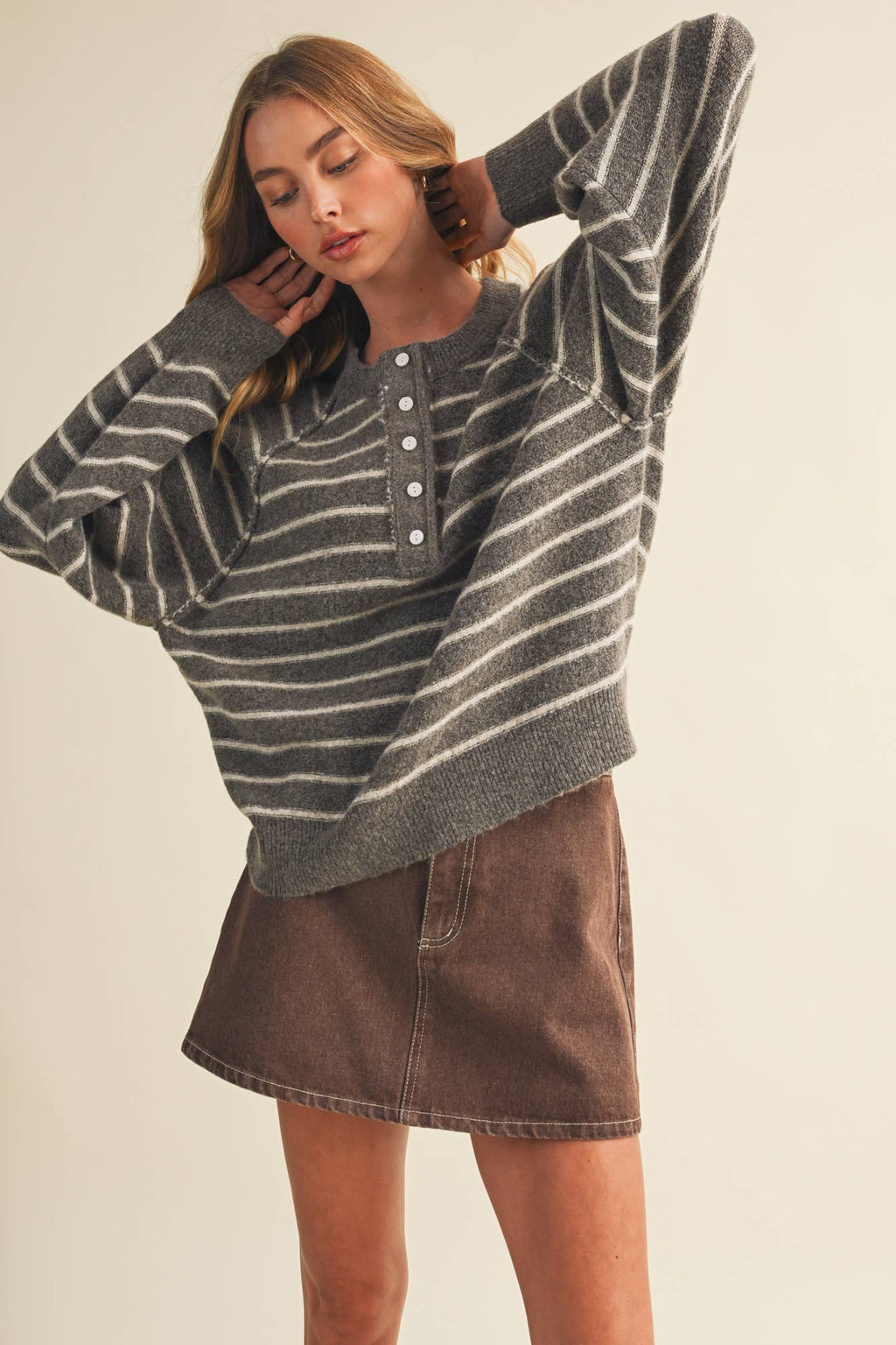 Button-Placket Stripe Knit Pullover