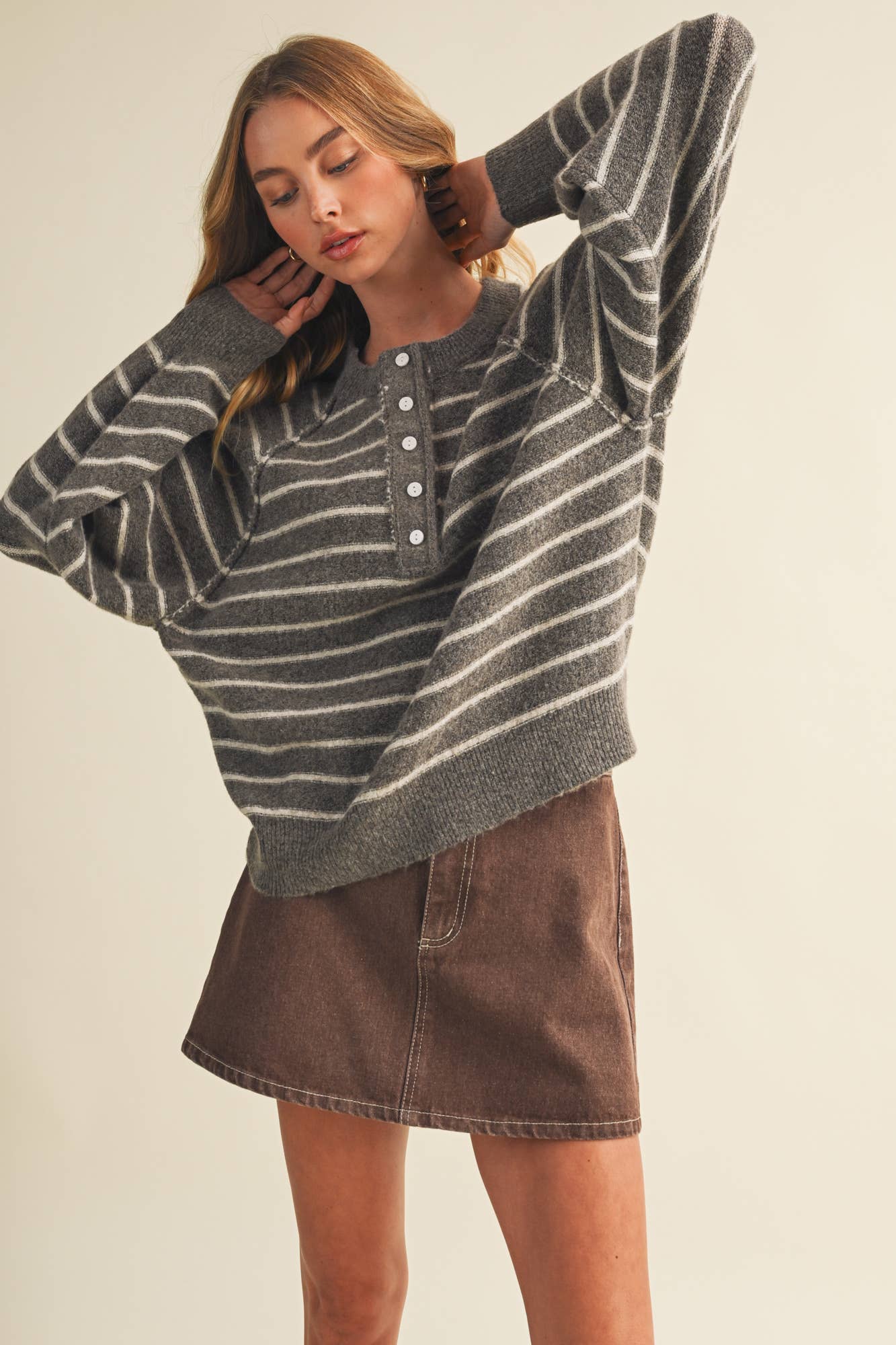 Button-Placket Stripe Knit Pullover