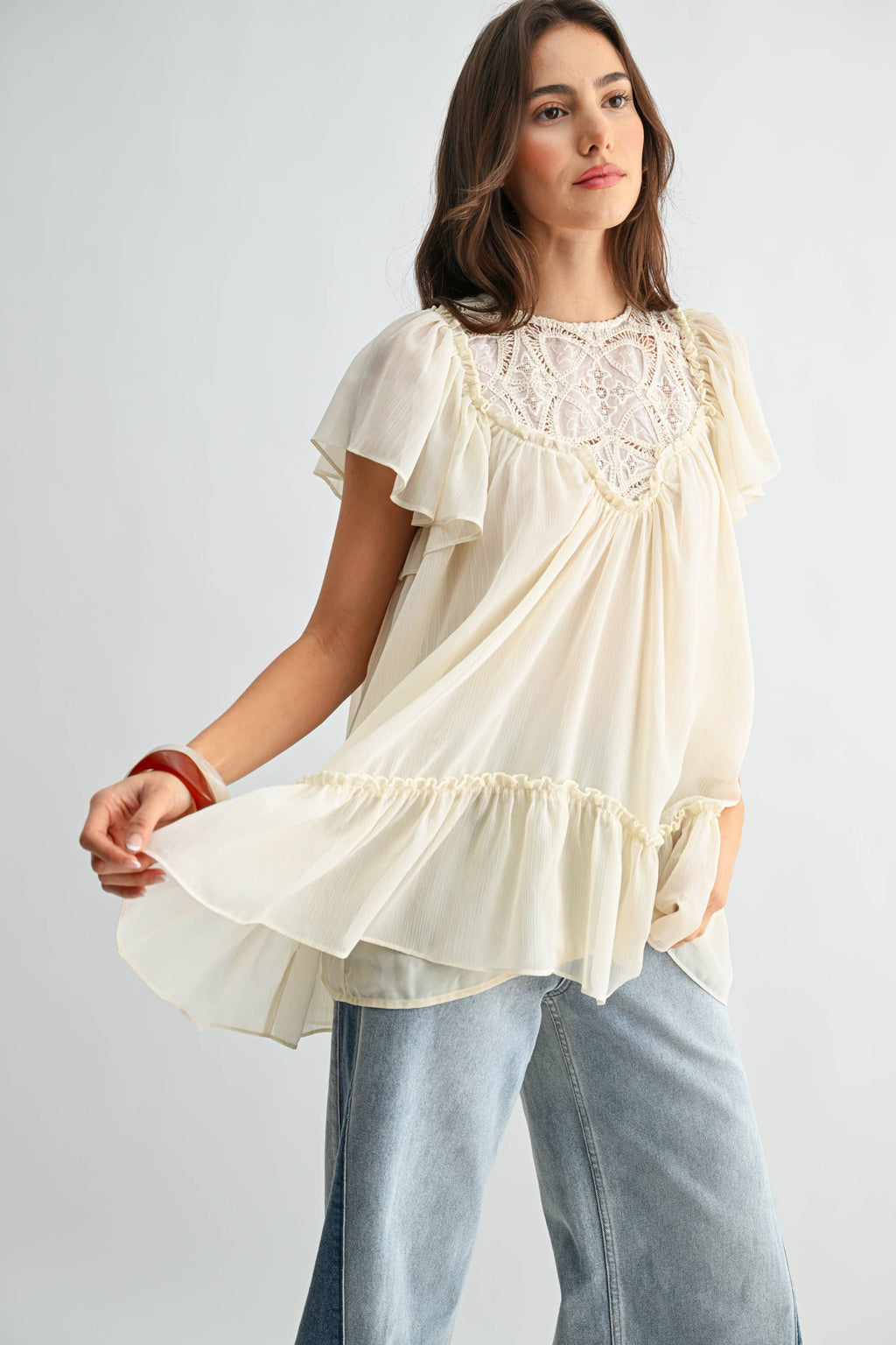 CT10179J Sheer Lace Yoke Ruffle Sleeve Blouse