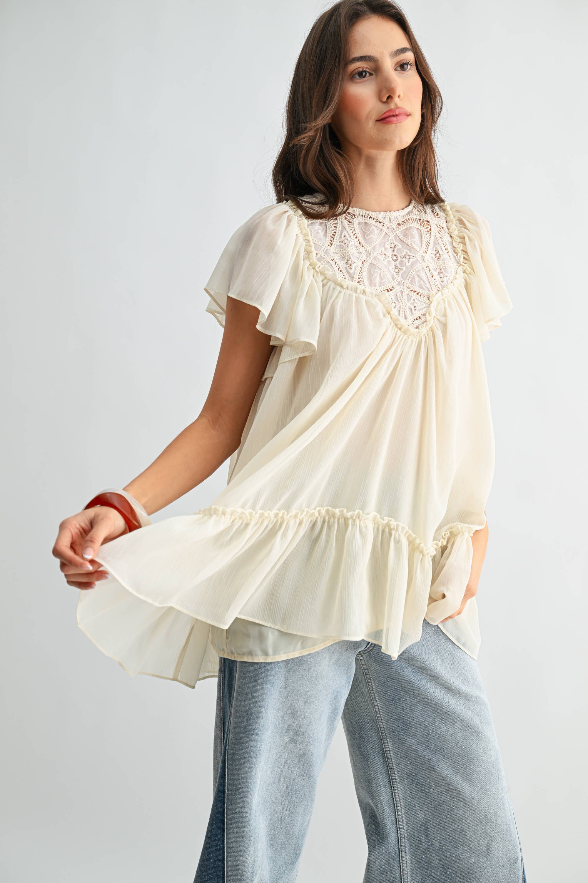 CT10179J Sheer Lace Yoke Ruffle Sleeve Blouse