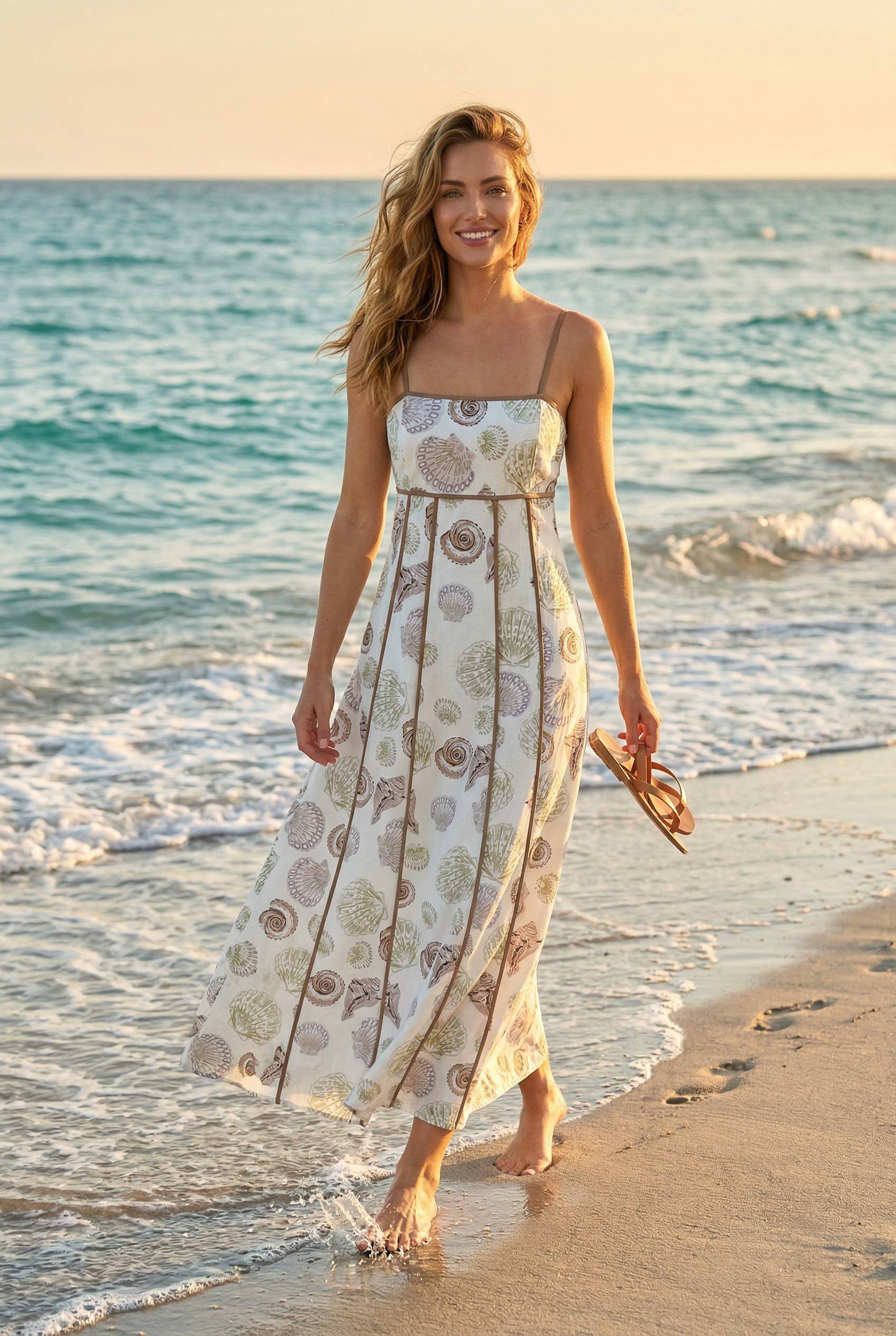 Fit and flare maxi dress made with seashell-print fabric